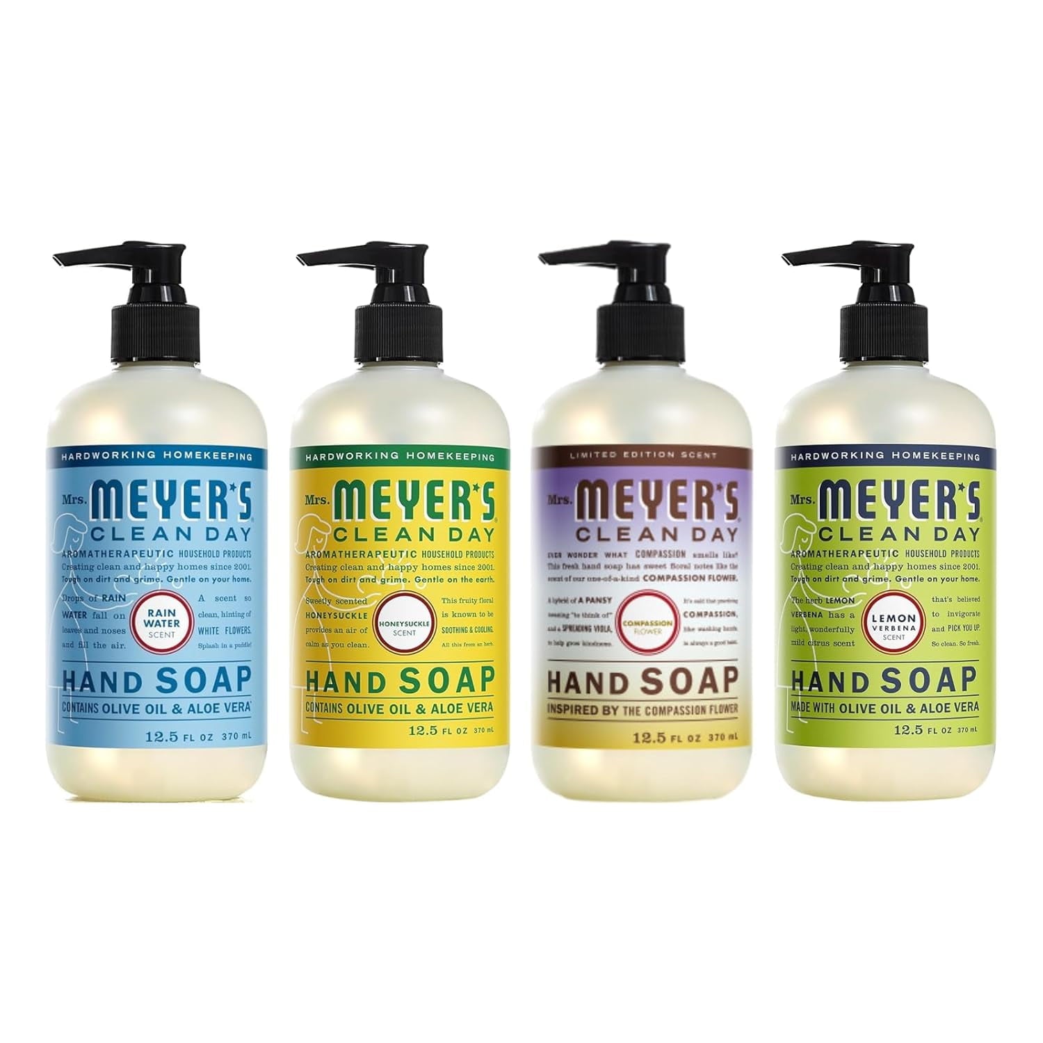 Mrs. Meyer’s Clean Day Liquid Hand Soap 4 Pack Variety, Honeysuckle, Rain Water, Compassion Flower, &amp; Lemon Verbena, 12.4 OZ Each, 1 CT Variety Pack