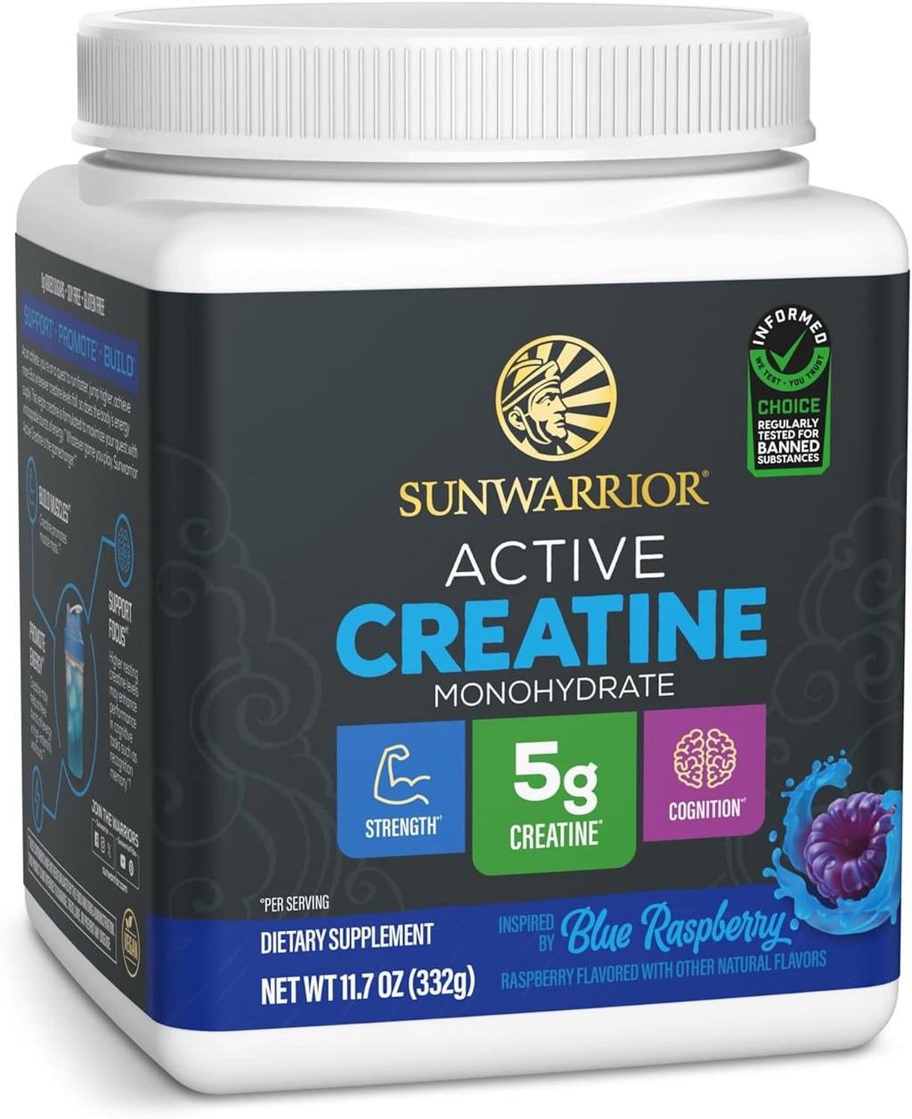 Sunwarrior Active Creatine Monohydrate Powder,Pre Workout Supplement,Blue Raspberry, 50 Servings