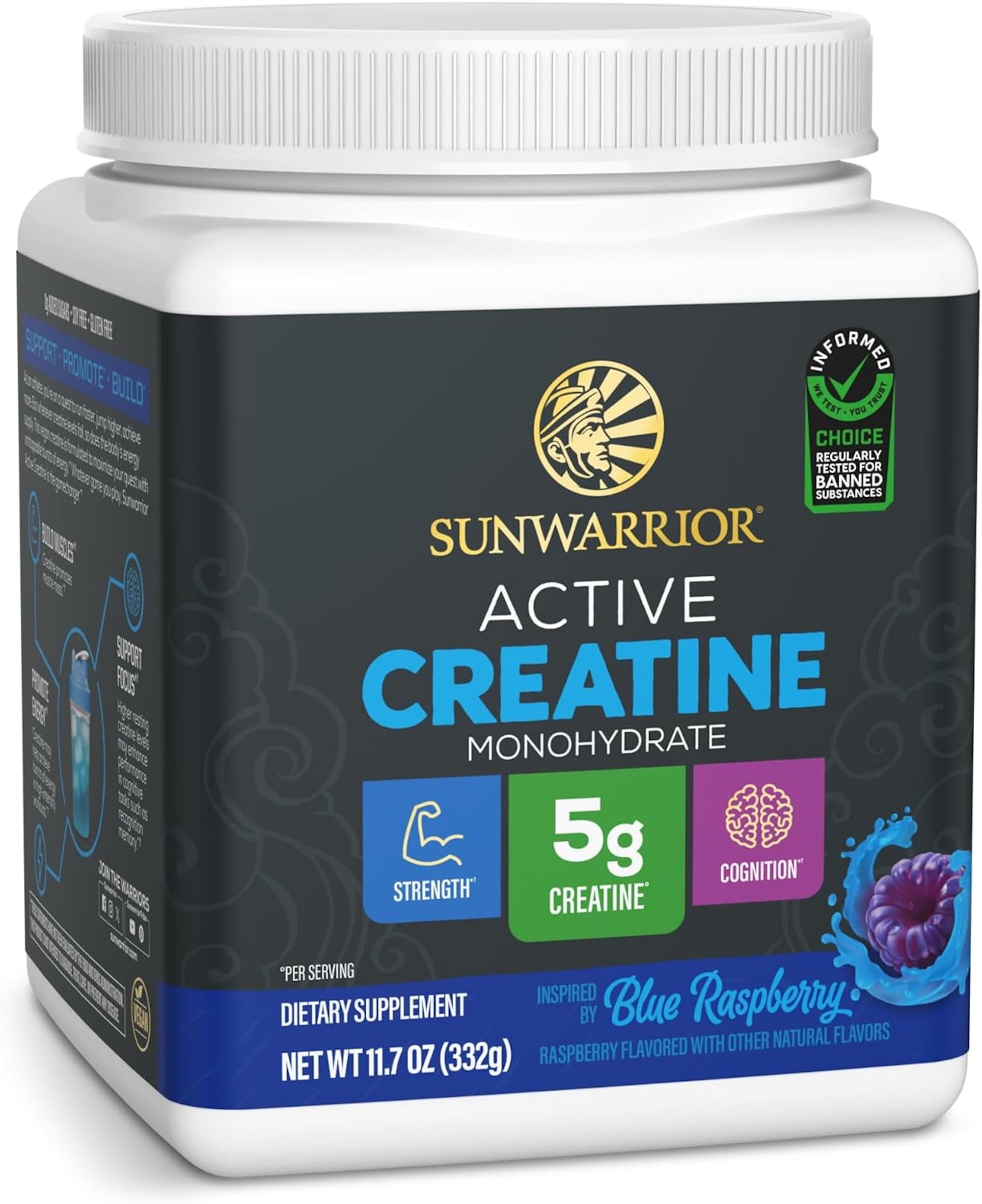 Sunwarrior Active Creatine Monohydrate Powder,Pre Workout Supplement,Blue Raspberry, 50 Servings