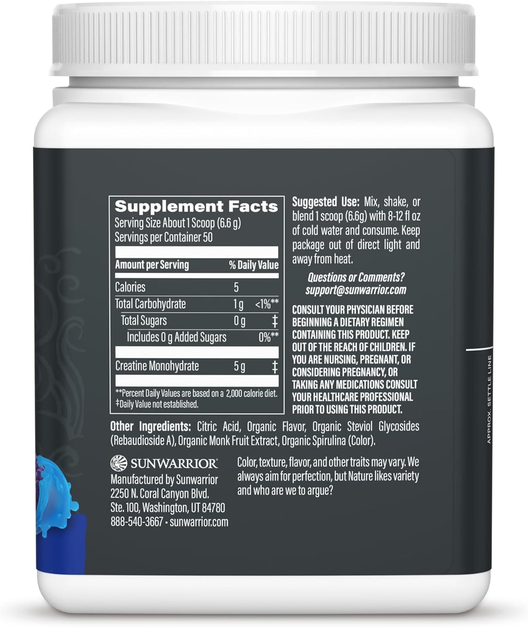 Sunwarrior Active Creatine Monohydrate Powder,Pre Workout Supplement,Blue Raspberry, 50 Servings