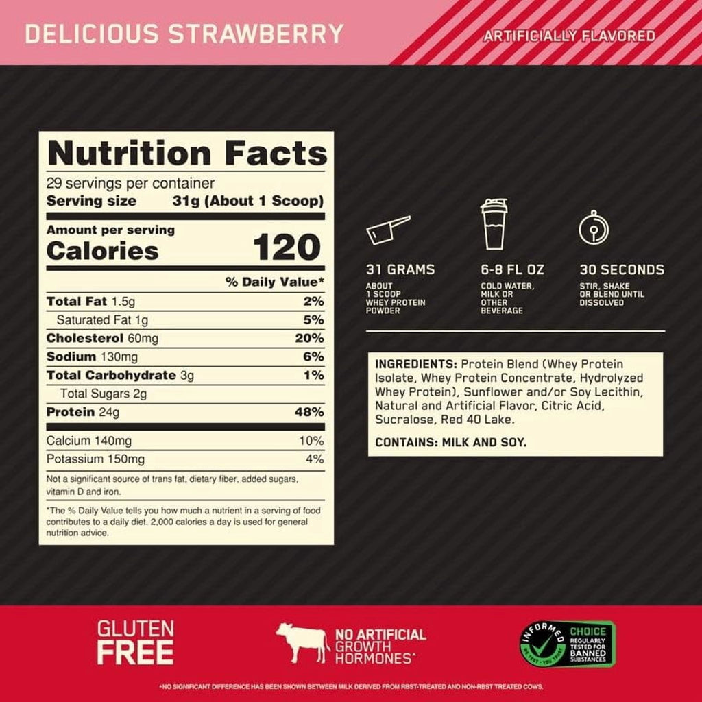 Optimum Nutrition Gold Standard 100% Whey Protein Powder, Strawberry, 24g Protein, 2 Lb