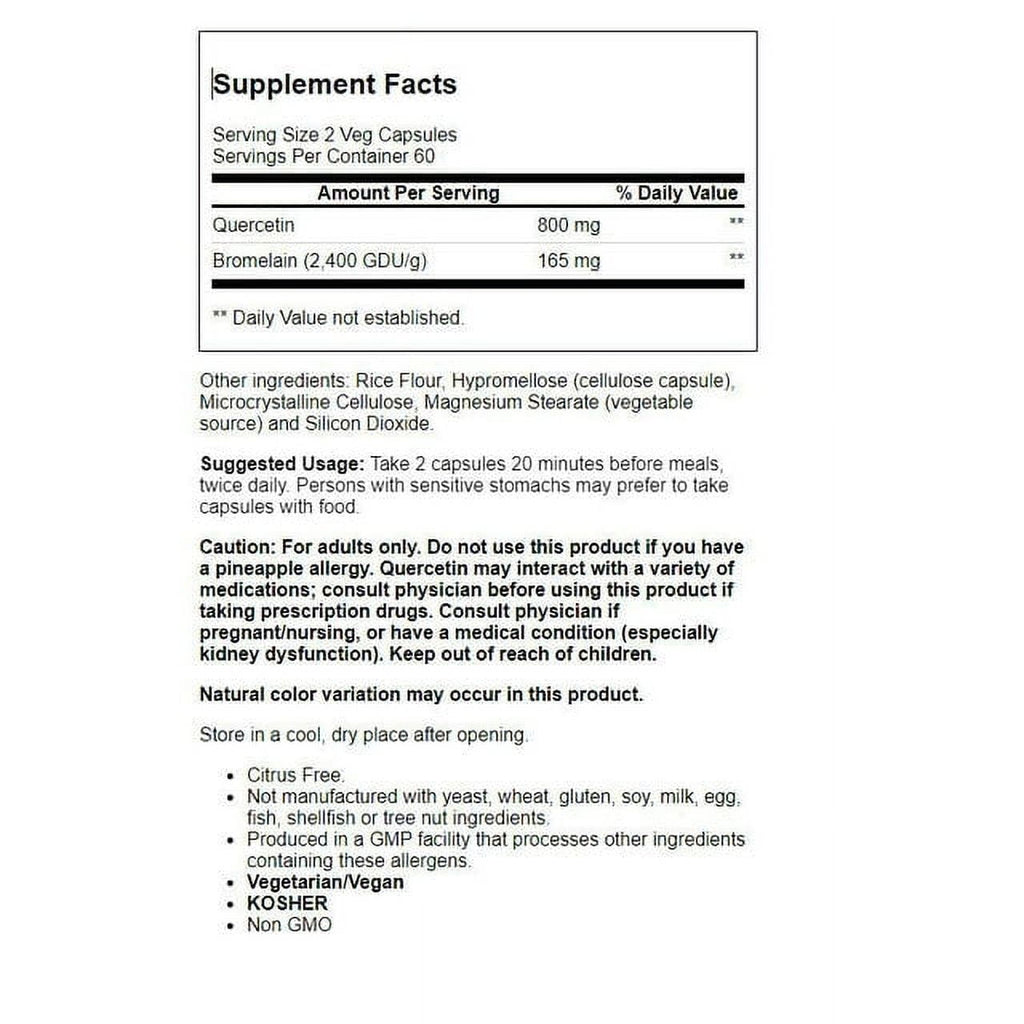 Supplements Quercetin with Bromelain Balanced Immune System, Pineapple, 120 Veg Capsules 2 Pack (120 Count)