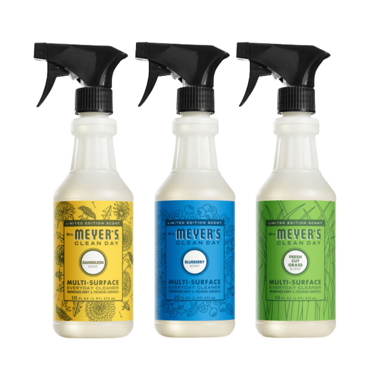 Mrs. Meyer’s Clean Day Multi-Surface Cleaner 16 fl oz Each, Fresh Cut Grass, Blueberry, Dandelion, 1 ct (Variety Pack)
