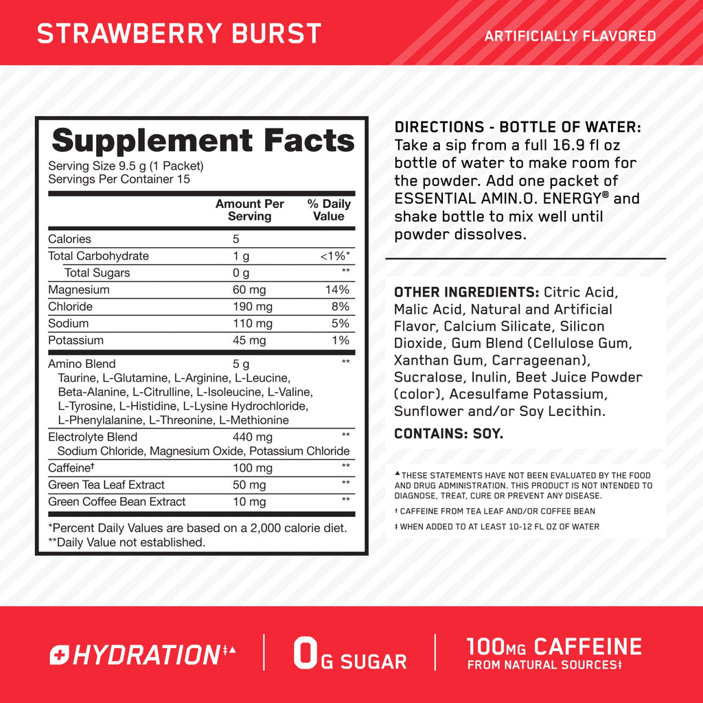 Optimum Nutrition Essential Amino Energy Plus Electrolytes Stick Packs, Energy Powder, Surfside Citrus and Strawberry Burst, 30 Count