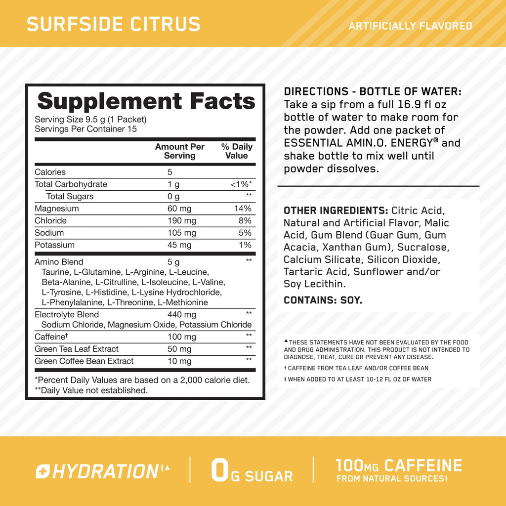 Optimum Nutrition Essential Amino Energy Plus Electrolytes Stick Packs, Energy Powder, Surfside Citrus and Strawberry Burst, 30 Count