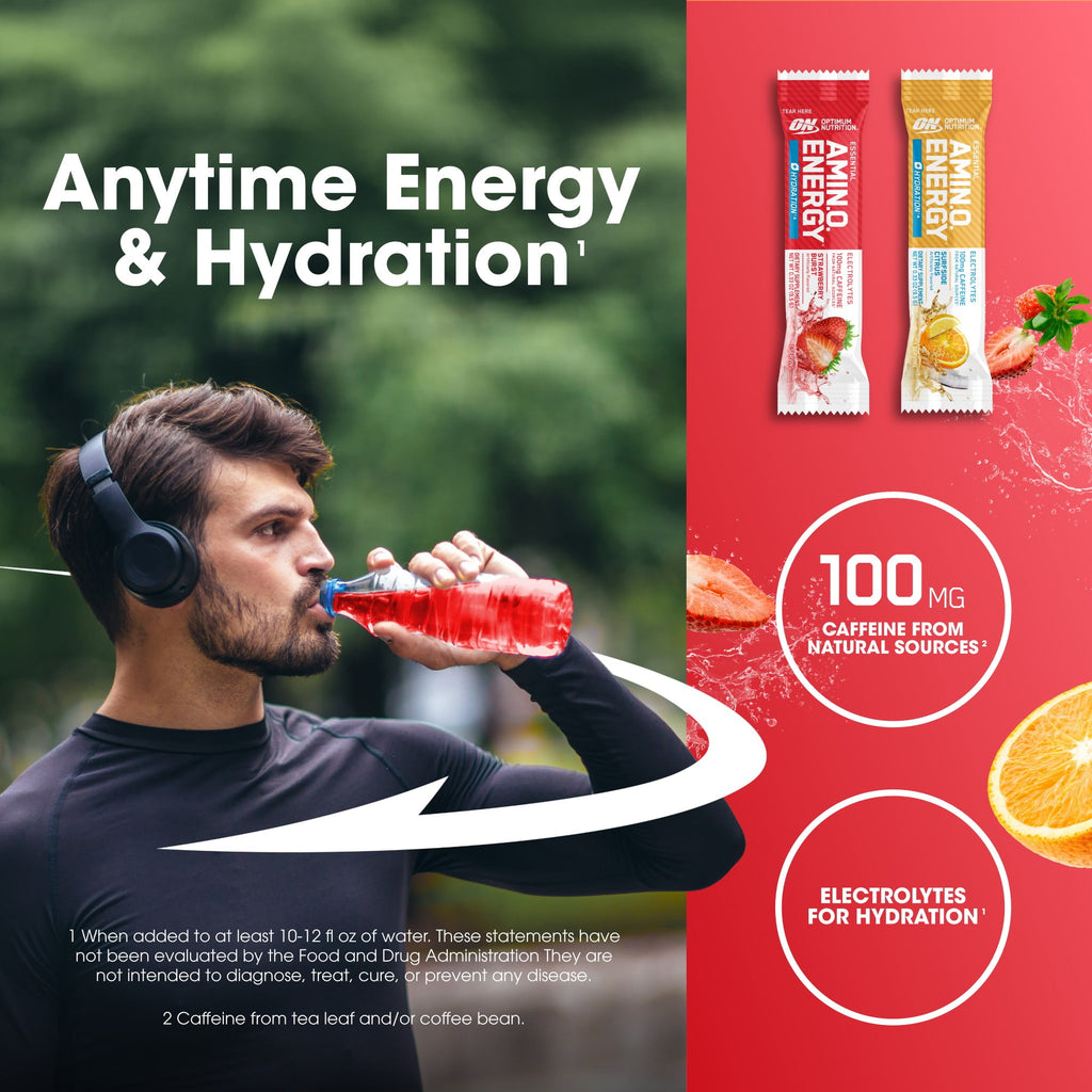 Optimum Nutrition Essential Amino Energy Plus Electrolytes Stick Packs, Energy Powder, Surfside Citrus and Strawberry Burst, 30 Count