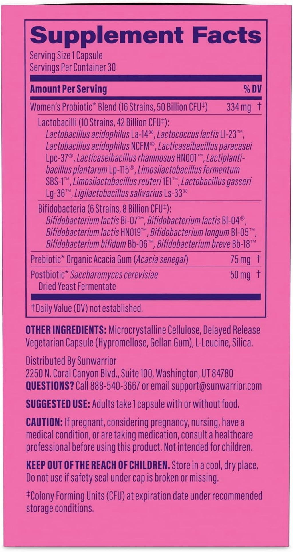 Sunwarrior Active Performance Women’s Probiotic Capsules for Gut Health, 50 Billion CFU, 30 Count