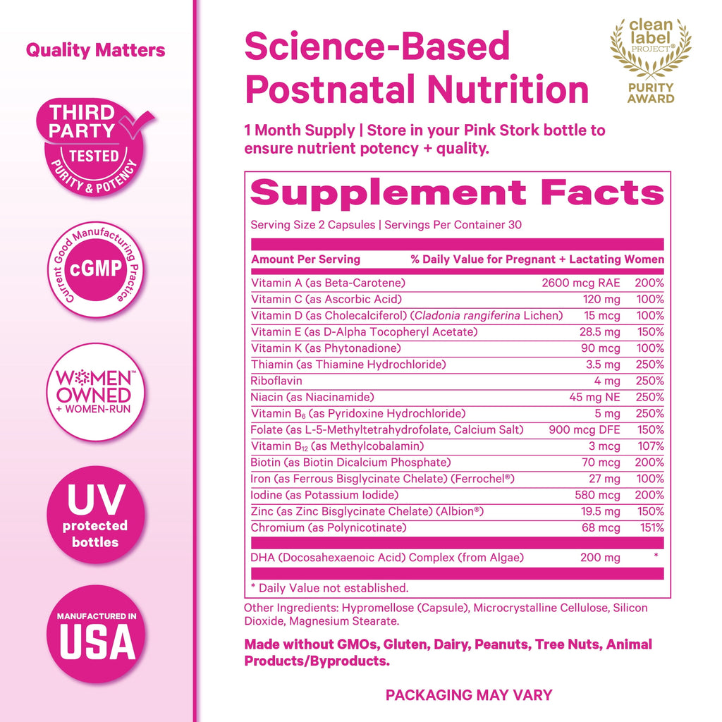 Pink Stork Postnatal Vitamins for Nursing Moms, Maternity, Breastfeeding, Postpartum - 60 Capsules