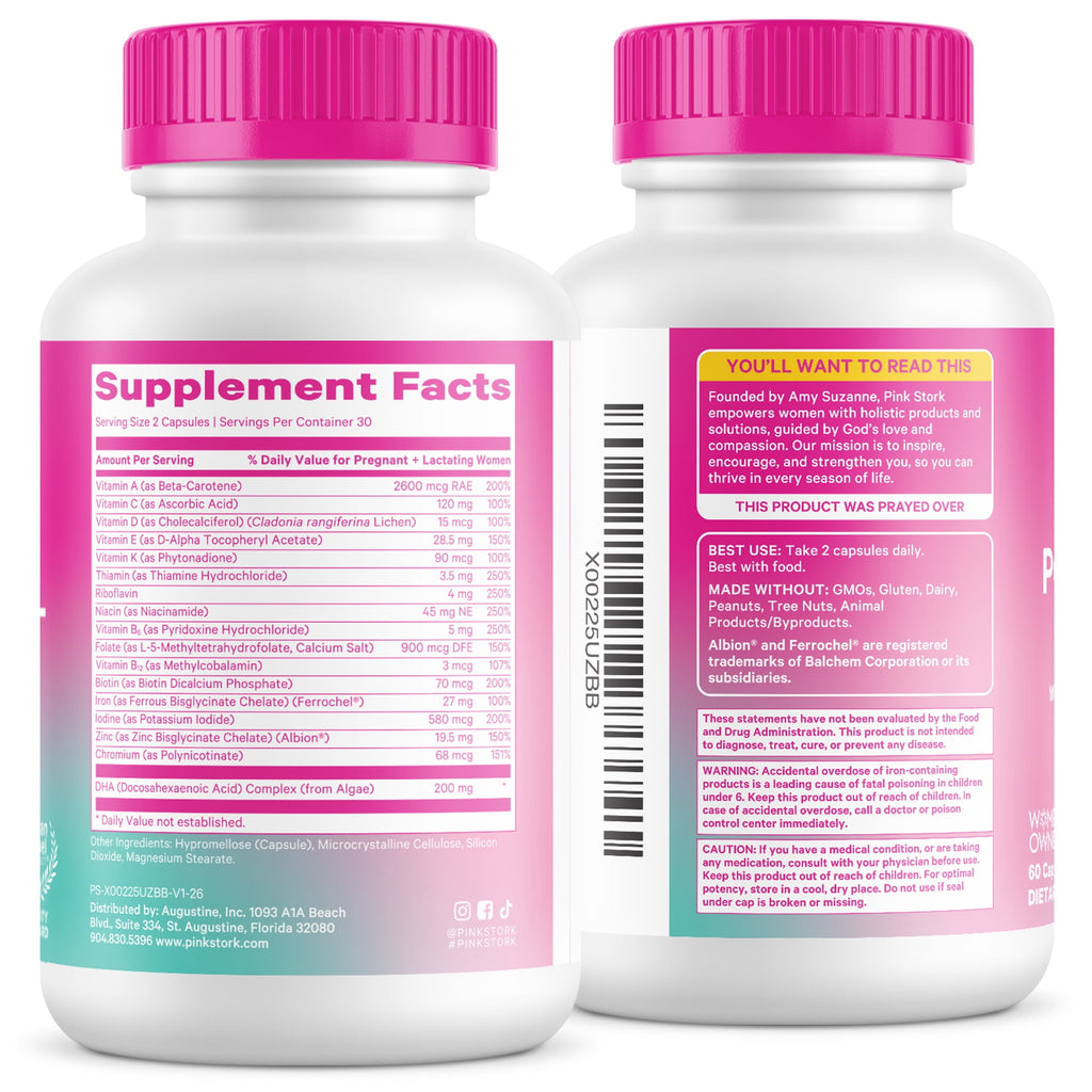 Pink Stork Postnatal Vitamins for Nursing Moms, Maternity, Breastfeeding, Postpartum - 60 Capsules