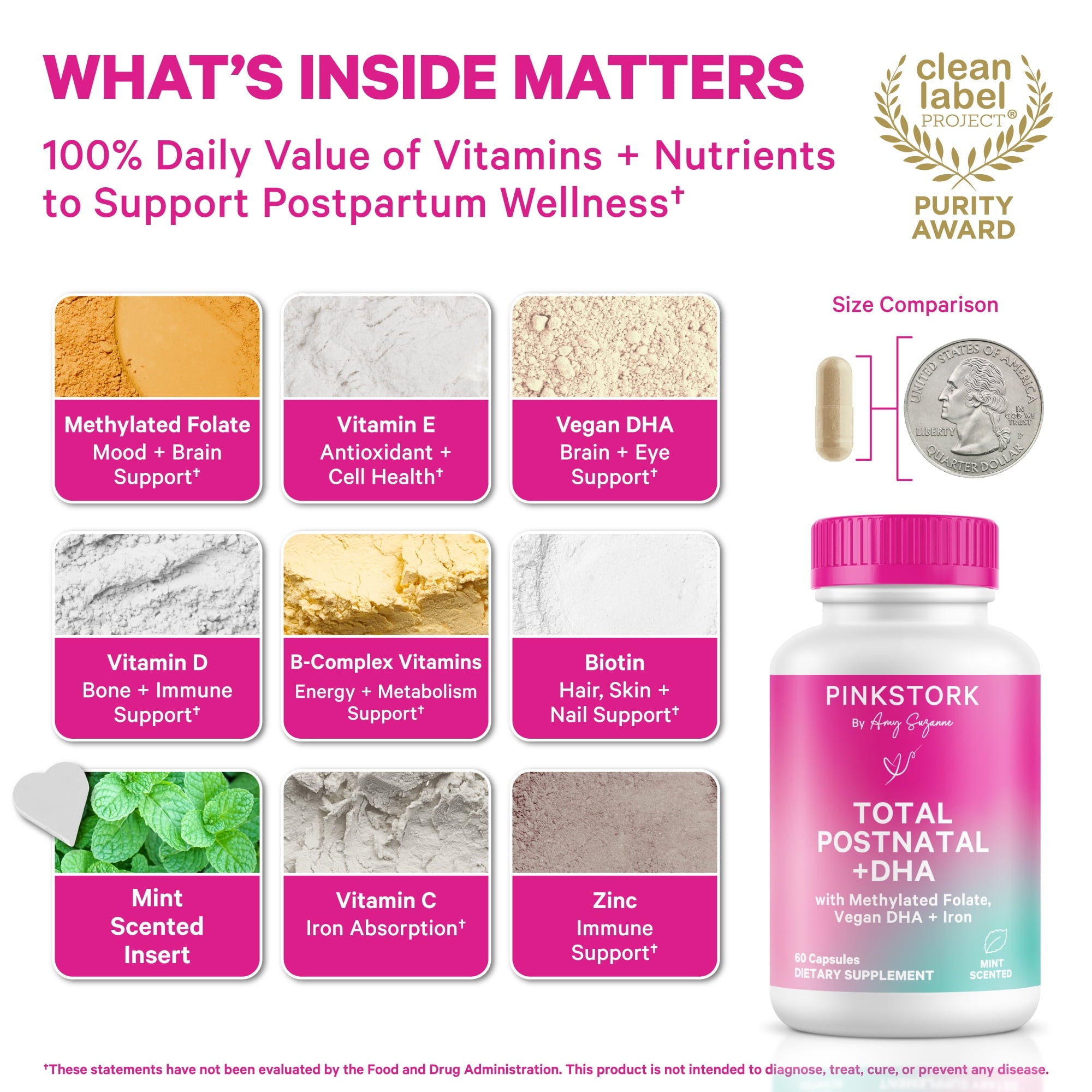 Pink Stork Postnatal Vitamins for Nursing Moms, Maternity, Breastfeeding, Postpartum - 60 Capsules