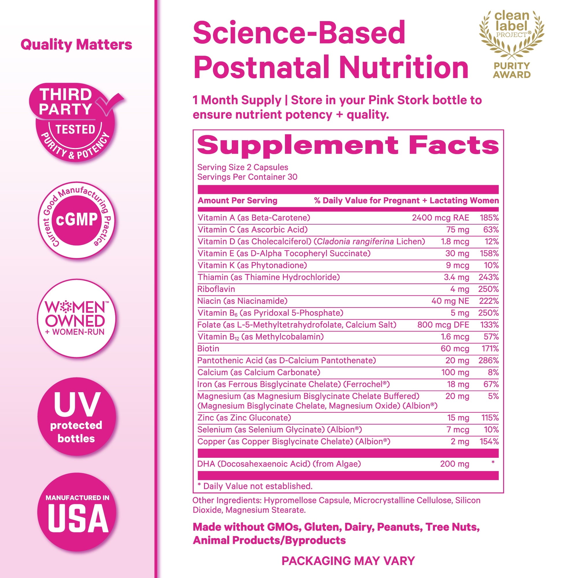 Pink Stork Postnatal Vitamins for Nursing Moms, Maternity, Breastfeeding, Postpartum - 60 Capsules