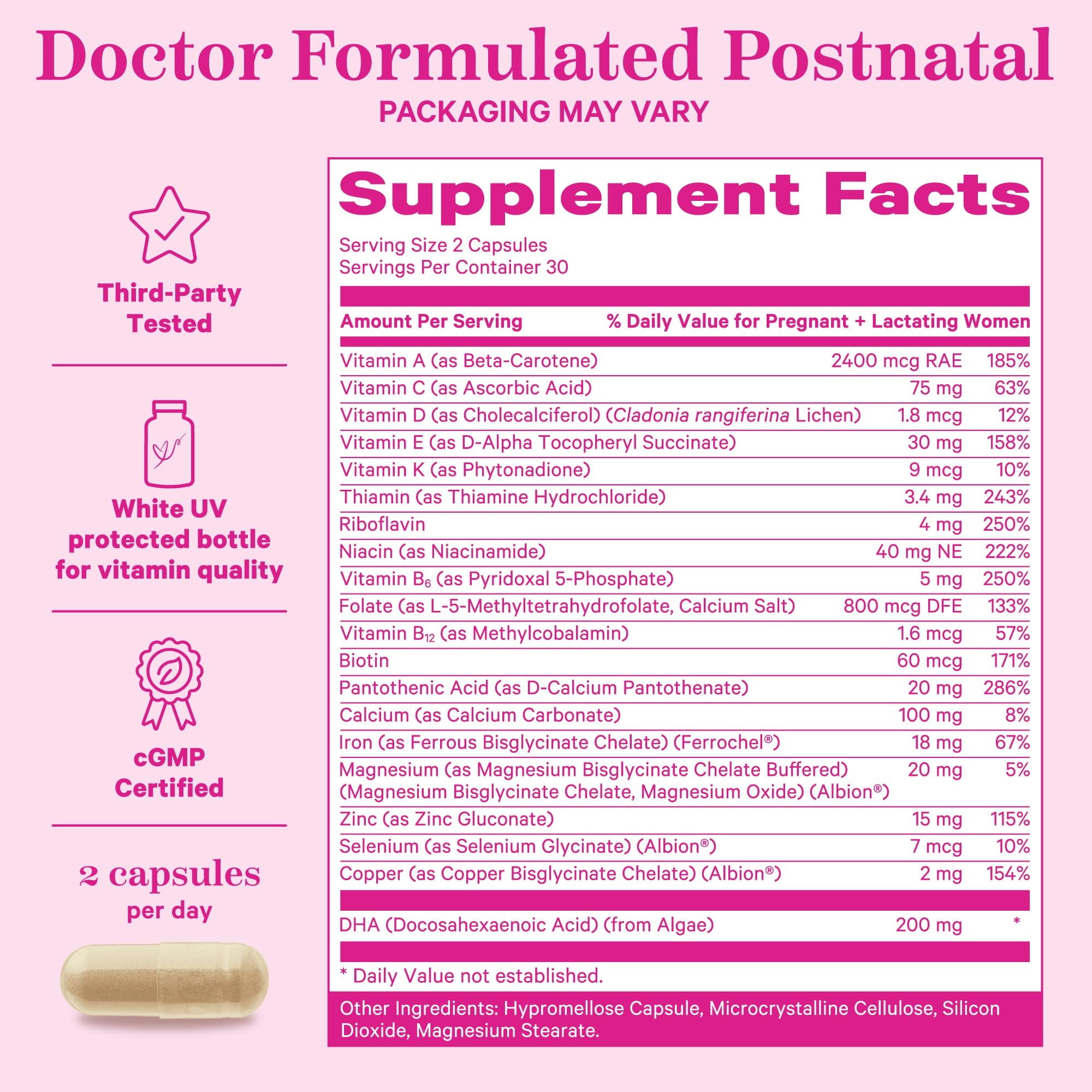 Pink Stork Postnatal Vitamins for Nursing Moms, Maternity, Breastfeeding, Postpartum - 60 Capsules