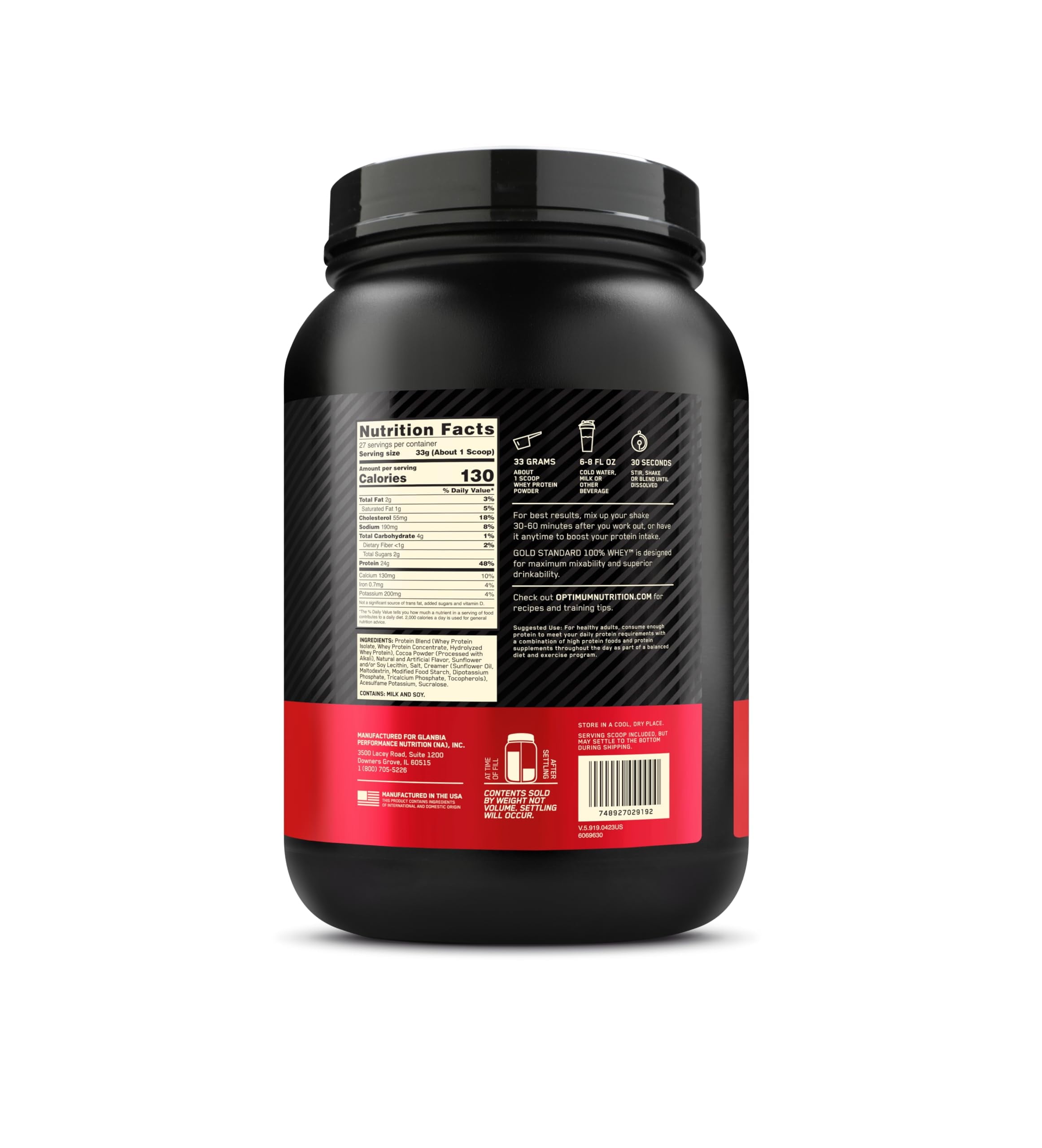 Optimum Nutrition, Gold Standard 100% Whey Protein Powder, 24g Protein, Chocolate Peanut Butter, 2 lb, 30 Servings