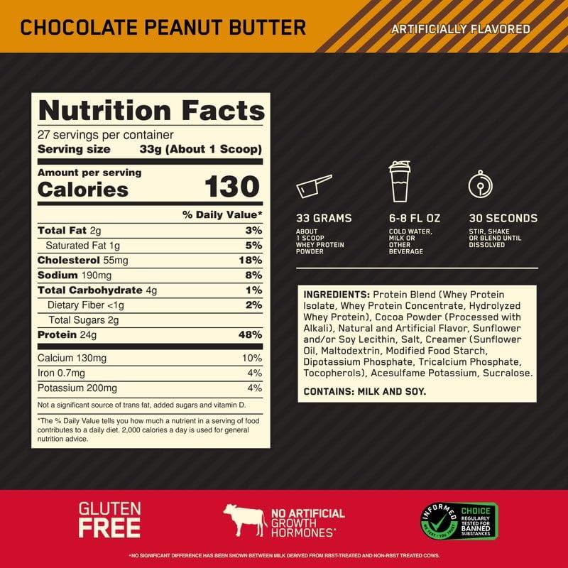 Optimum Nutrition, Gold Standard 100% Whey Protein Powder, 24g Protein, Chocolate Peanut Butter, 2 lb, 30 Servings