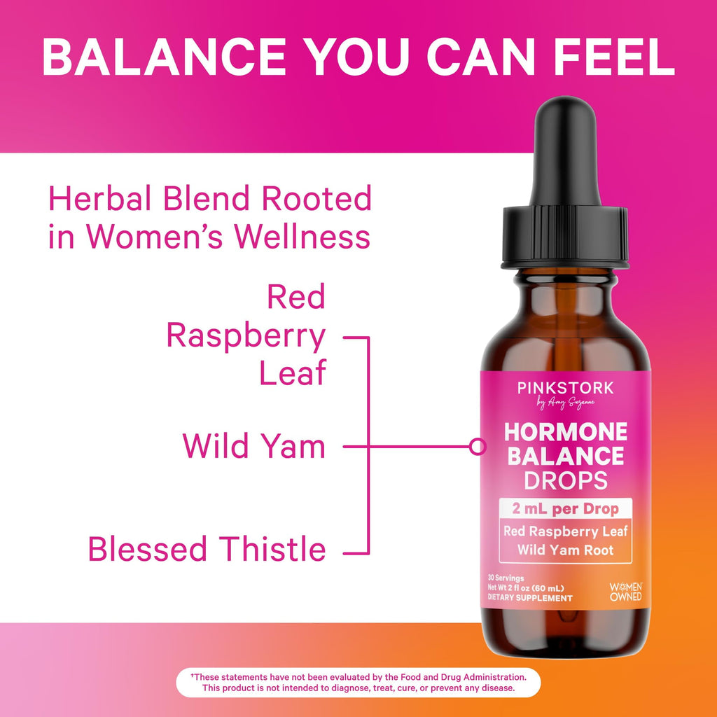 Pink Stork Hormone Balance Support Liquid- Supplement for Women with Red Raspberry Leaf &amp; Wild Yam- 2 oz, 30 Servings