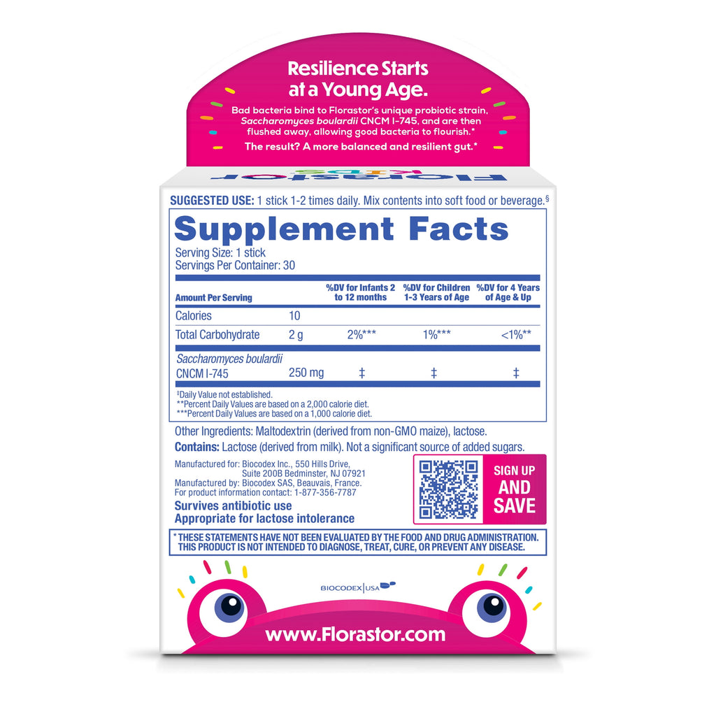 Florastor Kids Daily Probiotic Supplement, Saccharomyces Boulardii CNCM I-745, 30 Sticks