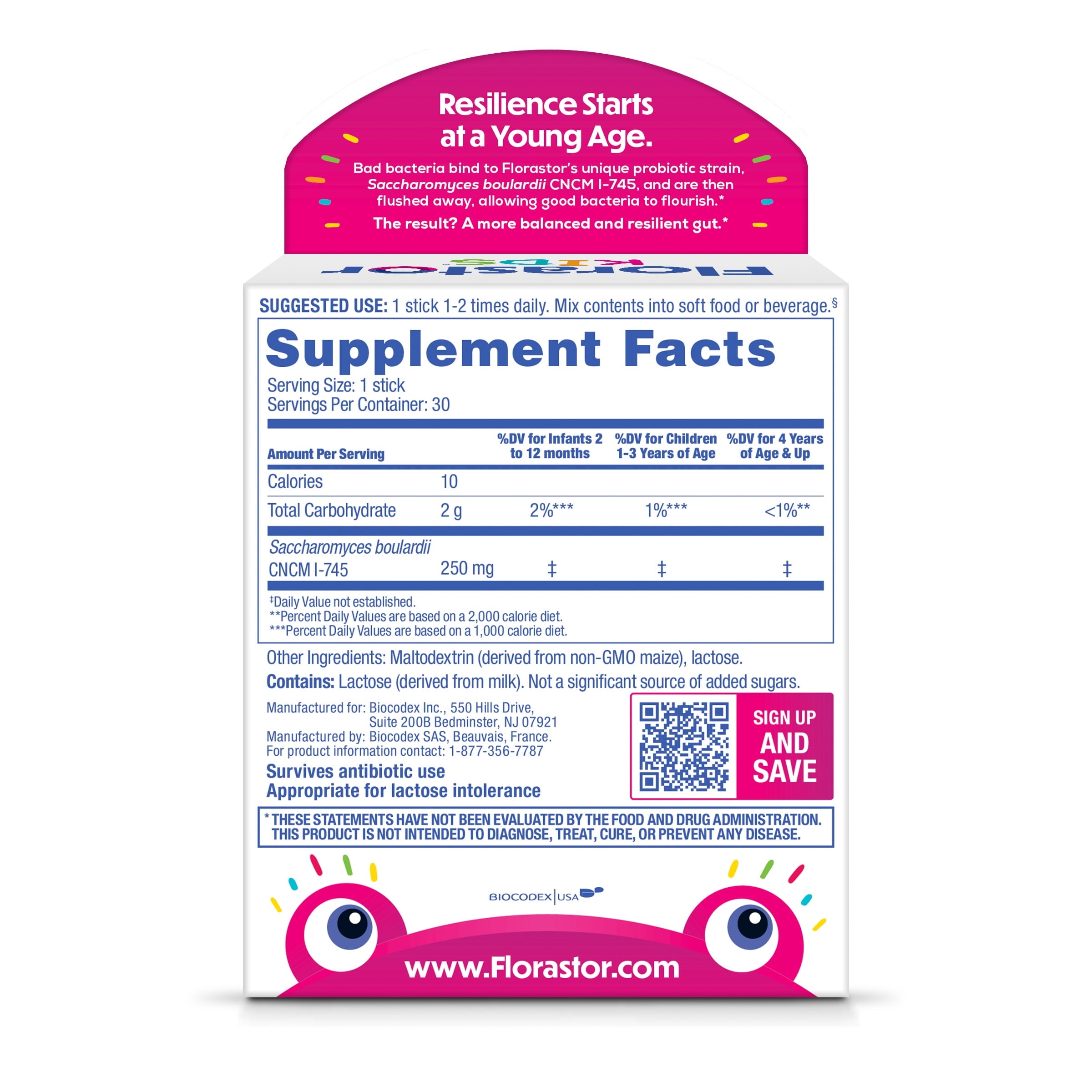 Florastor Kids Daily Probiotic Supplement, Saccharomyces Boulardii CNCM I-745, 30 Sticks