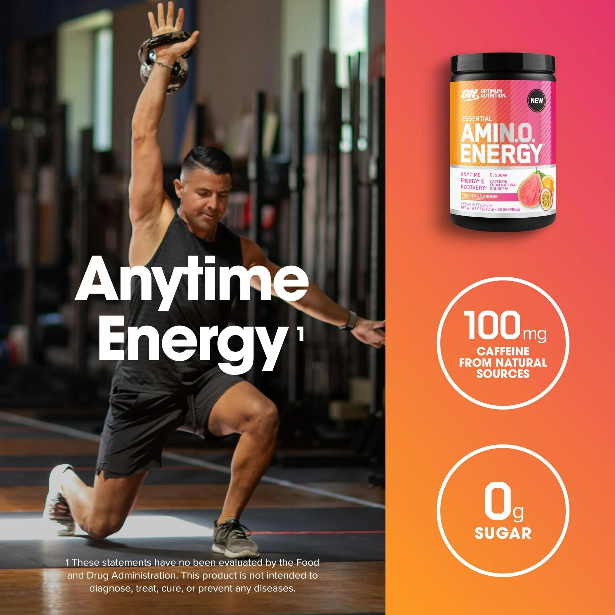 Optimum Nutrition NEW Flavor Amino Energy - Pre Workout with Green Tea, BCAA, Amino Acids, Keto Friendly, Green Coffee Extract, Energy Powder - Tropical Sunrise, 30 Servings (Packaging May Vary)