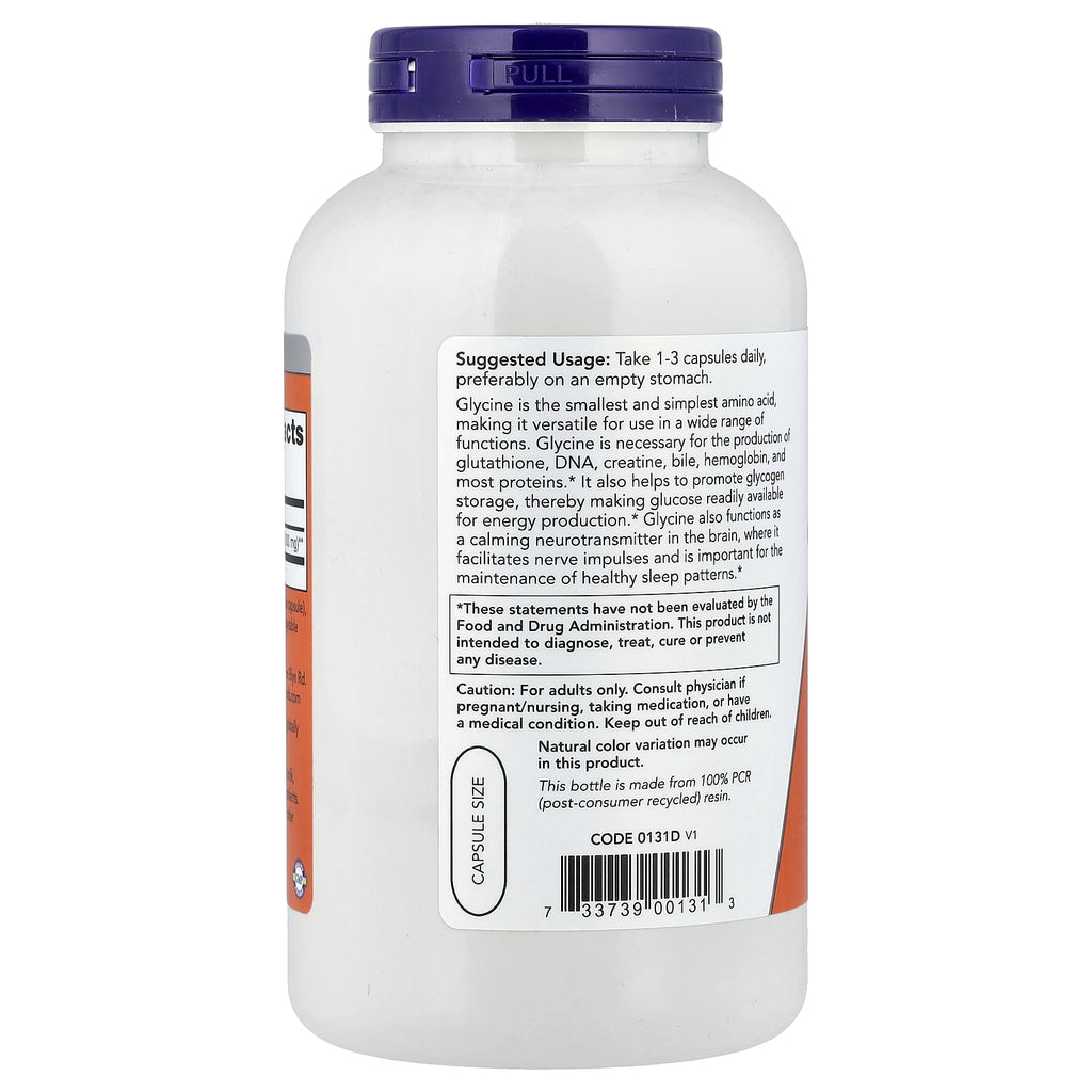 NOW Foods Glycine, 1,000 mg, 250 Veg Capsules