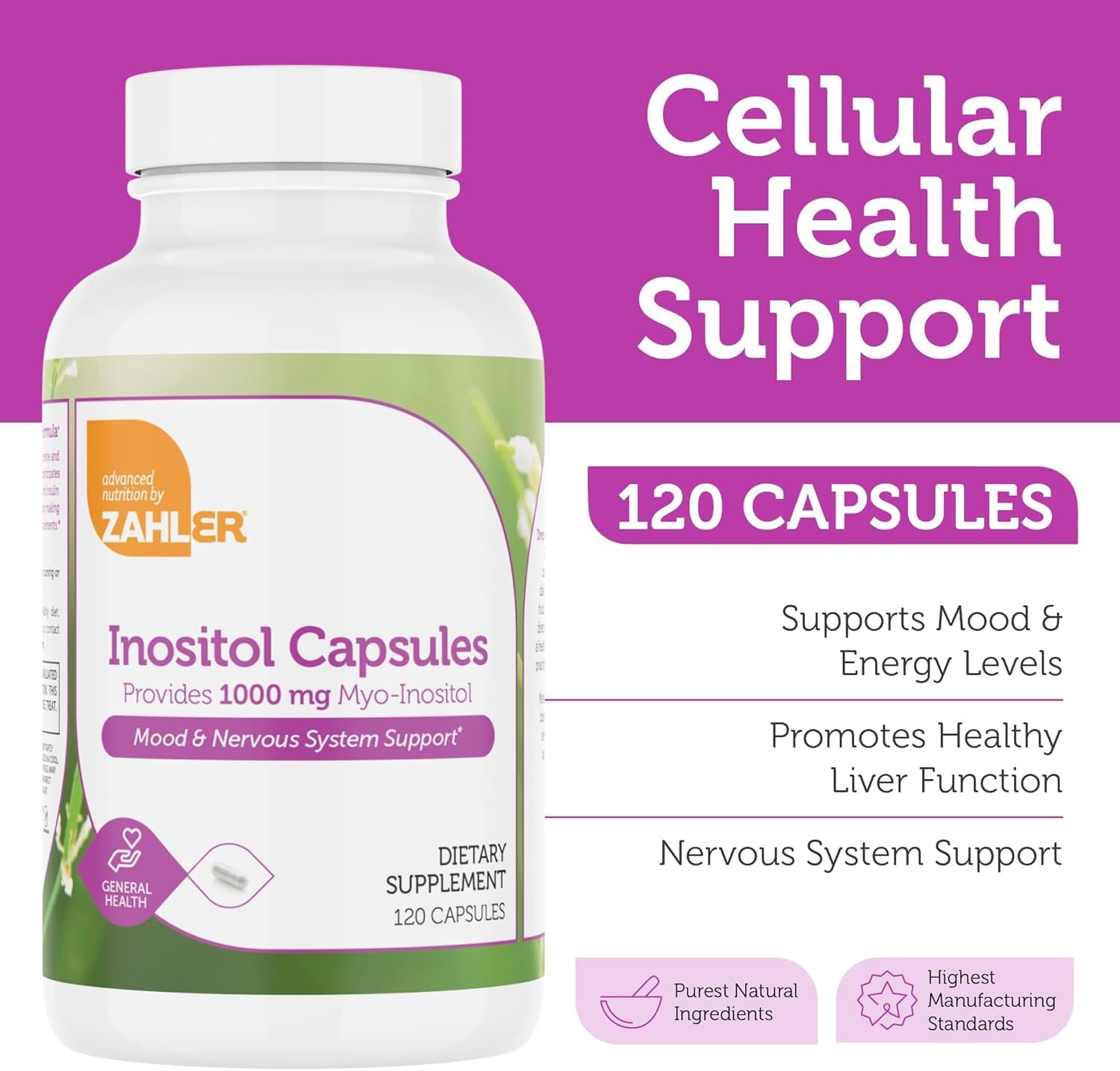Zahler Inositol Supplement Capsules 1000mg - Mood &amp; Nervous System Support Supplements for Women - Hormone Balance &amp; Healthy Ovarian Function - Kosher, Gluten Free, Dairy Free - 120 Count
