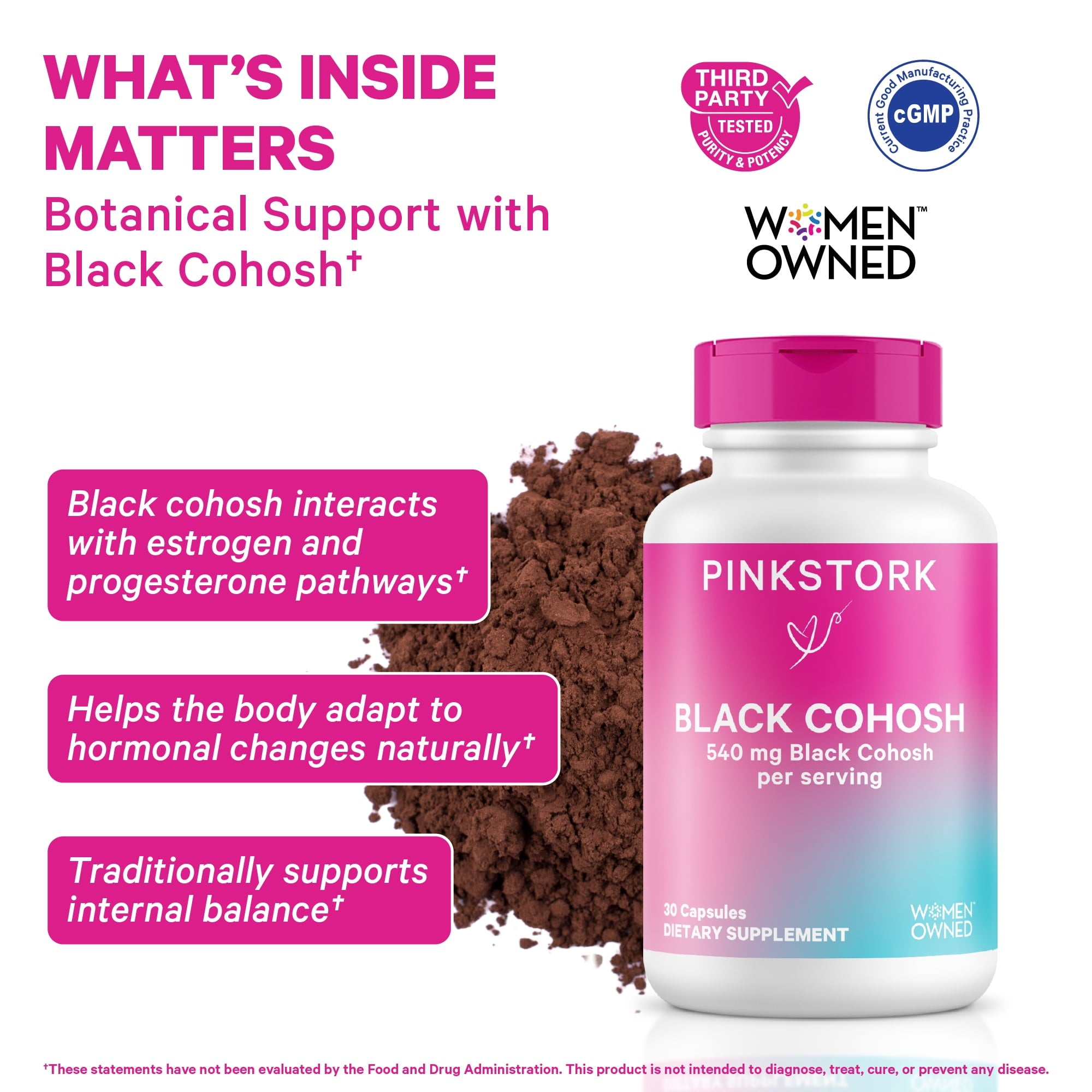 Pink Stork Black Cohosh Supplements for Women - Hormone Balance, Hot Flash &amp; Night Sweat Support - 30 Capsules