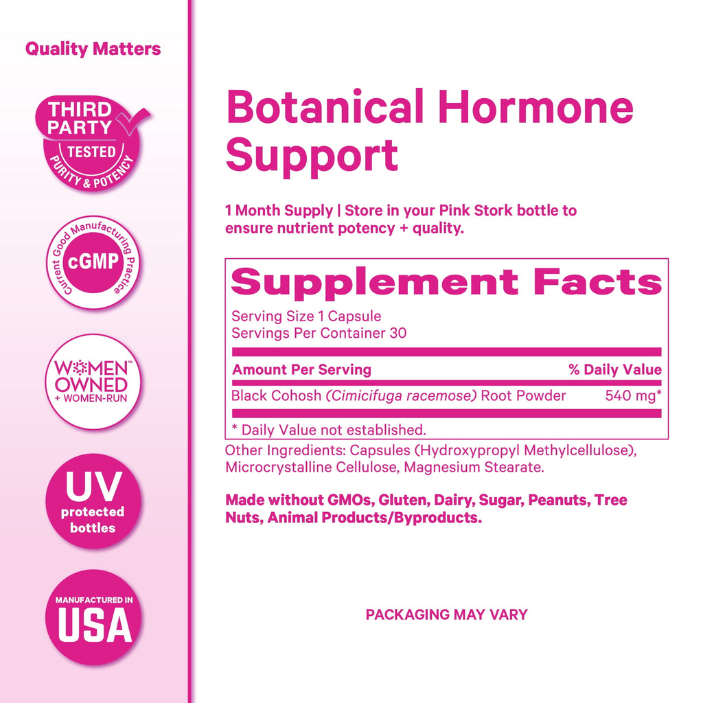 Pink Stork Black Cohosh Supplements for Women - Hormone Balance, Hot Flash &amp; Night Sweat Support - 30 Capsules