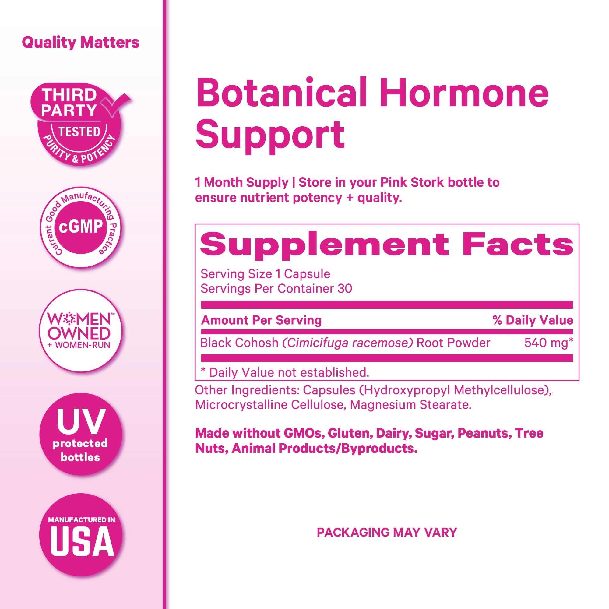 Pink Stork Black Cohosh Supplements for Women - Hormone Balance, Hot Flash &amp; Night Sweat Support - 30 Capsules