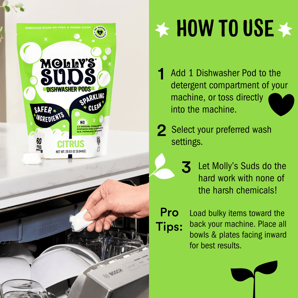 Molly's Suds Dishwasher Detergent Pods | Cuts Grease &amp; Rinses Clean (Residue-Free) | 60 Auto-Release Tabs (Citrus)