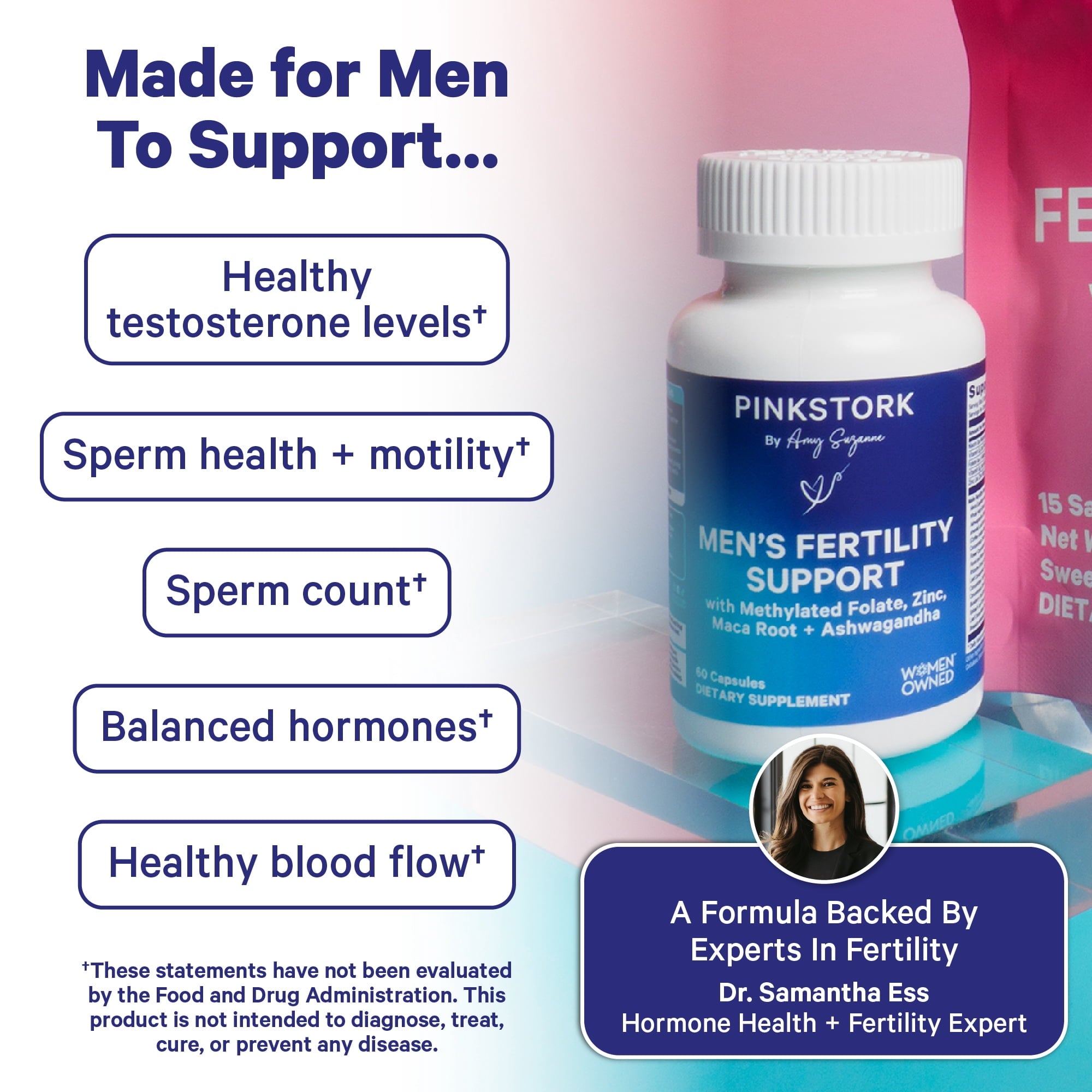Pink Stork Fertility Supplements for Men with Zinc, Libido Aid, Motility Support - 60 Capsules