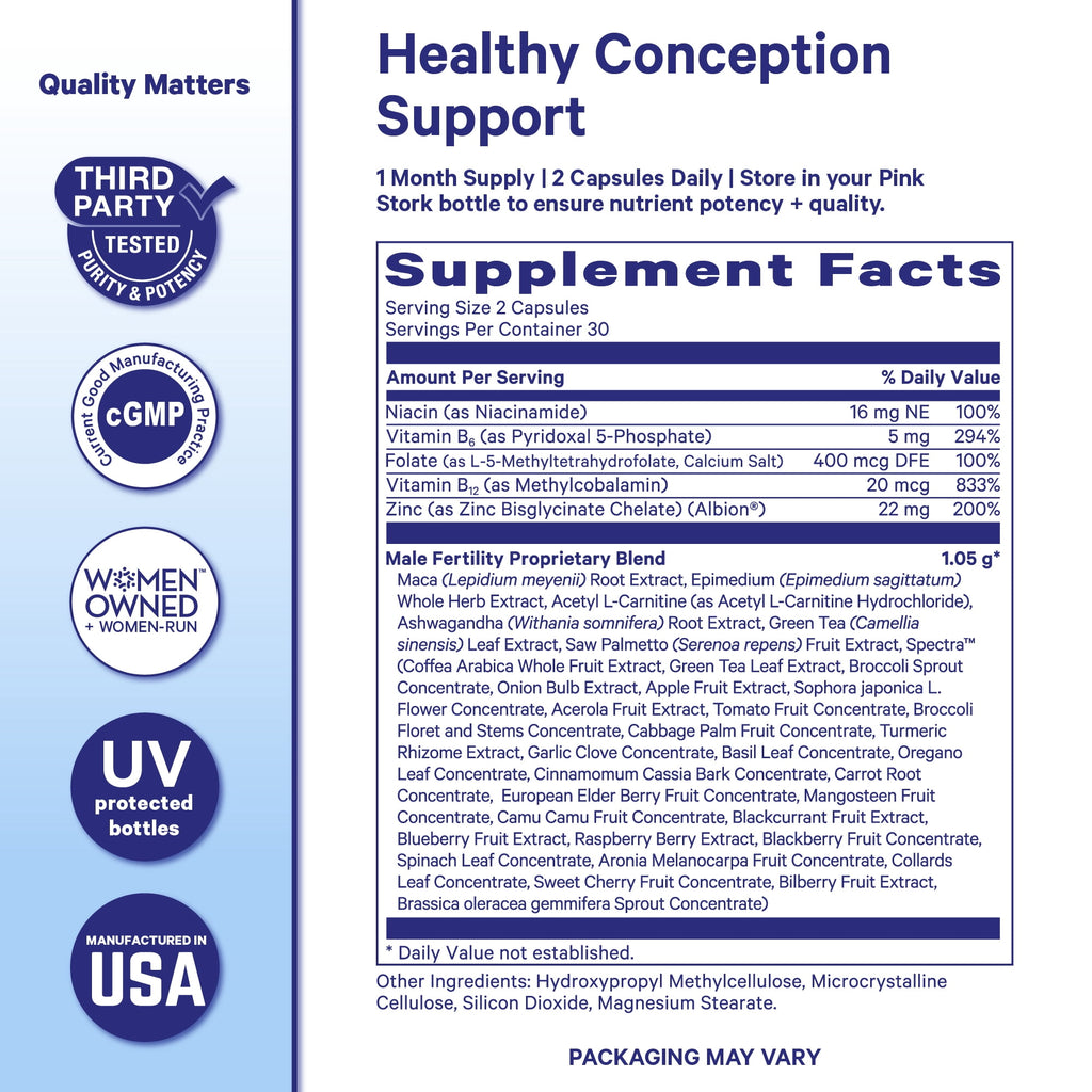 Pink Stork Fertility Supplements for Men with Zinc, Libido Aid, Motility Support - 60 Capsules
