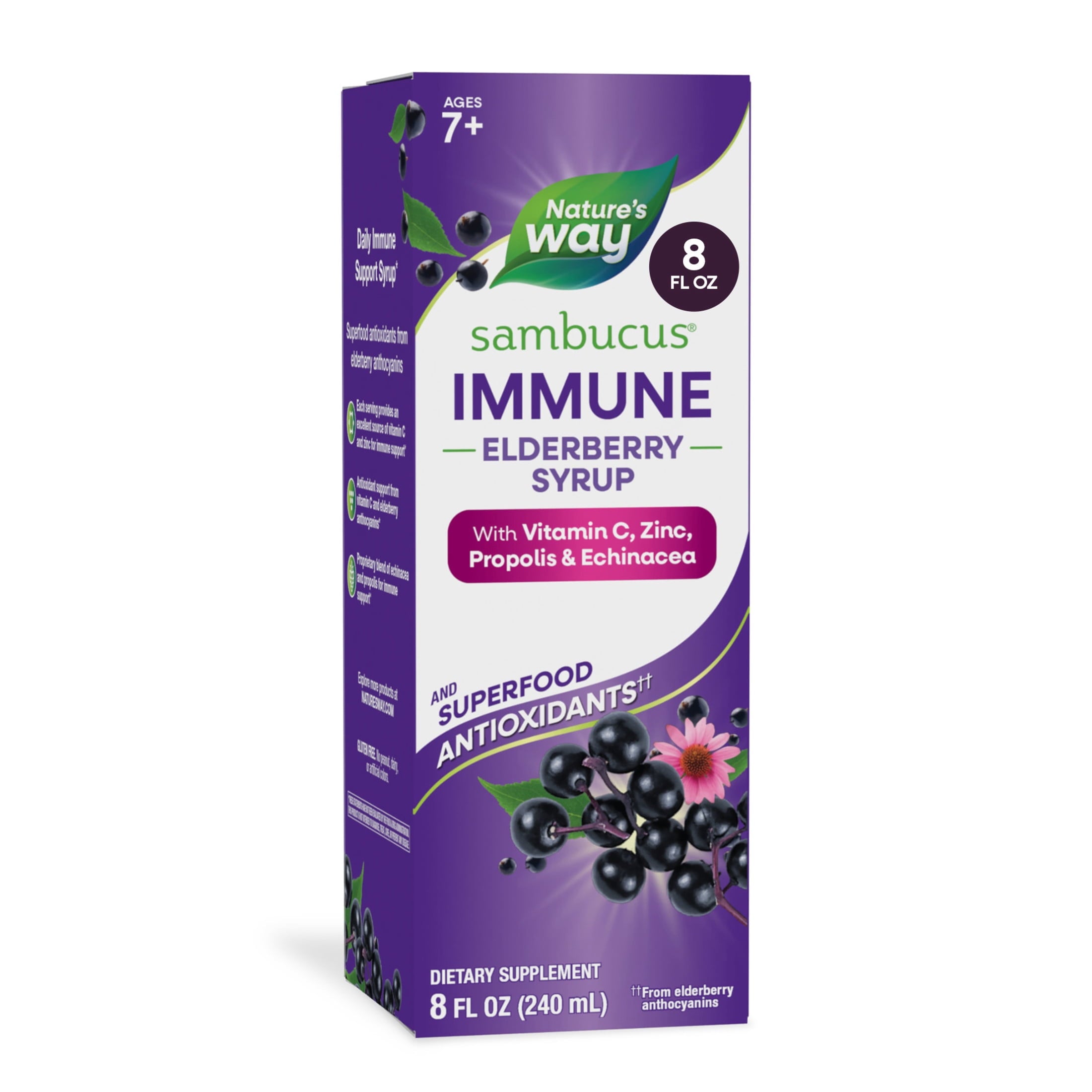Nature's Way Sambucus Immune Elderberry Syrup, Vitamin C, Zinc, Echinacea, Unisex, 8 fl oz
