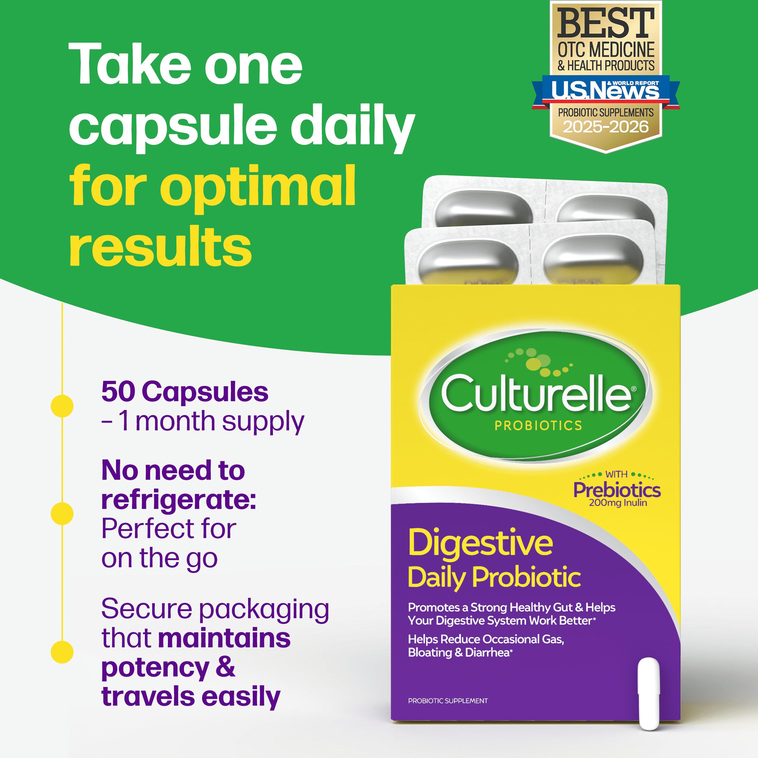 Culturelle Probiotics Digestive Support Daily Supplement, Made with Prebiotics, Promotes Gut Health for Adults, 50 Count