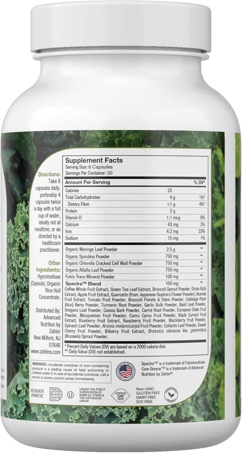 Zahler Core Greens Superfood Capsules - Superfoods Nutrition Supplement - Super Green Whole Food Vegetable, Fruits &amp; VItamins - Kosher Antioxidant Rich Super Greens with Spirulina, Chlorophyll (240)
