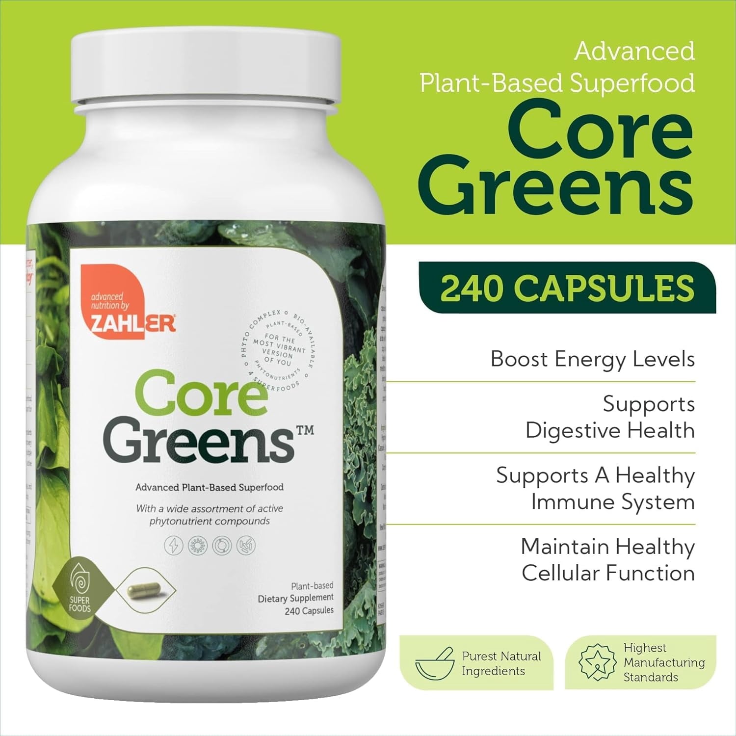 Zahler Core Greens Superfood Capsules - Superfoods Nutrition Supplement - Super Green Whole Food Vegetable, Fruits &amp; VItamins - Kosher Antioxidant Rich Super Greens with Spirulina, Chlorophyll (240)