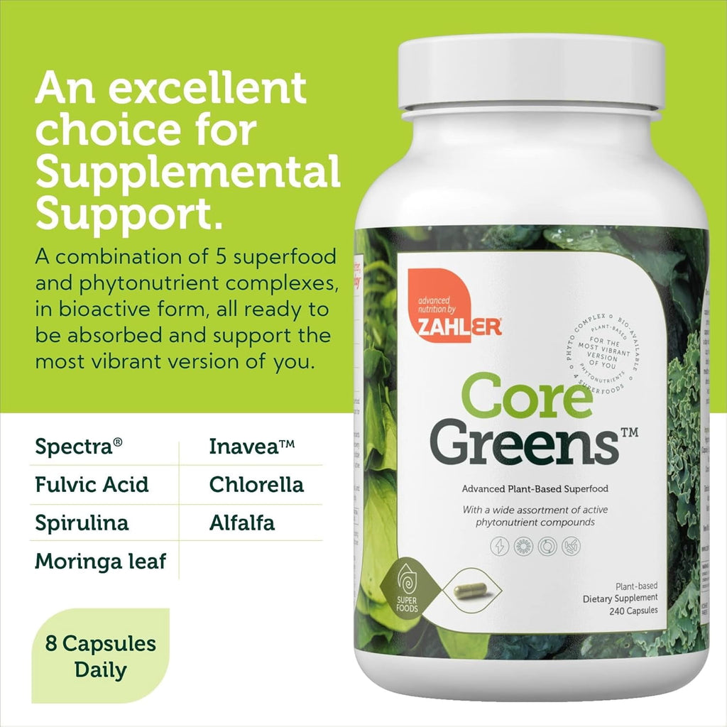 Zahler Core Greens Superfood Capsules - Superfoods Nutrition Supplement - Super Green Whole Food Vegetable, Fruits &amp; VItamins - Kosher Antioxidant Rich Super Greens with Spirulina, Chlorophyll (240)