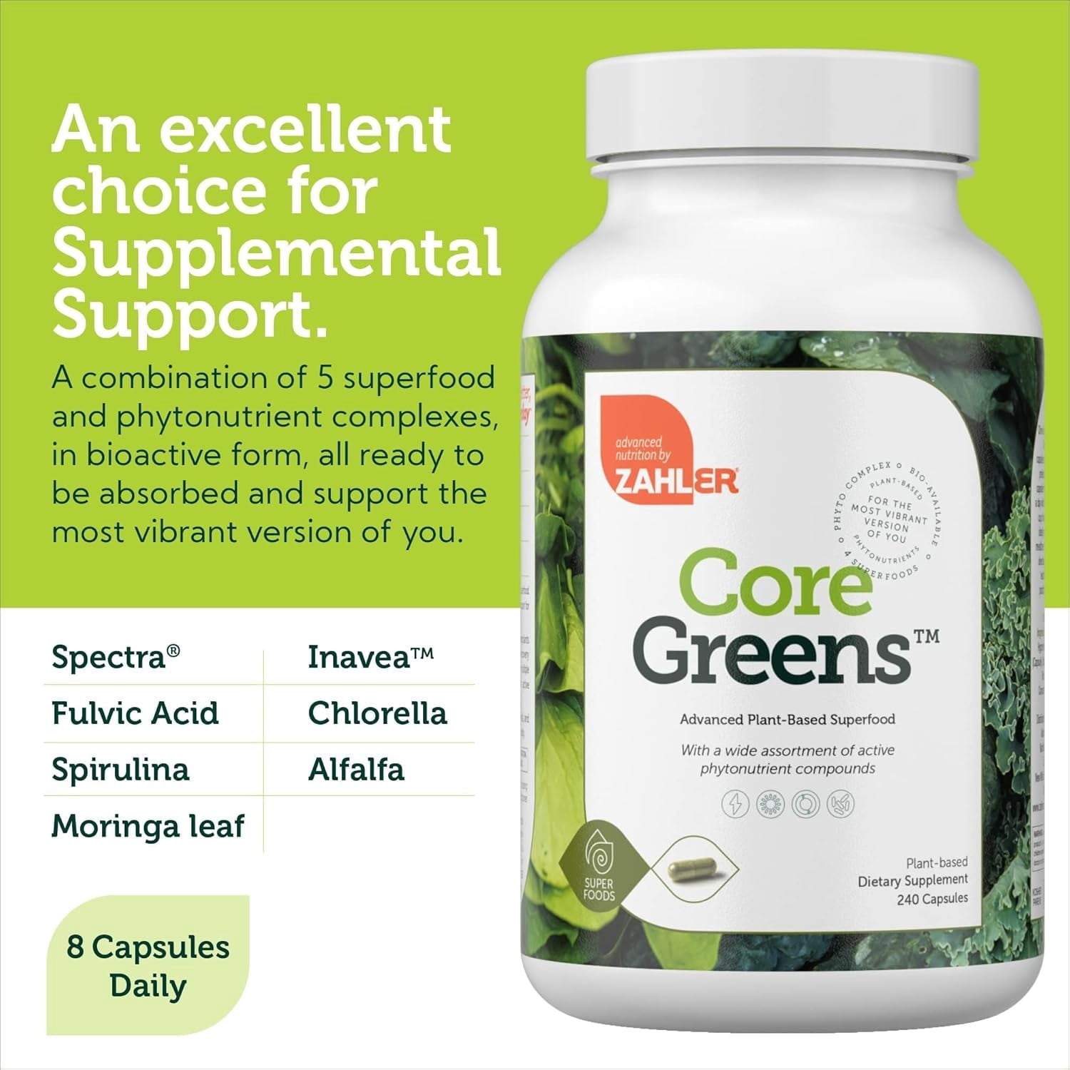 Zahler Core Greens Superfood Capsules - Superfoods Nutrition Supplement - Super Green Whole Food Vegetable, Fruits &amp; VItamins - Kosher Antioxidant Rich Super Greens with Spirulina, Chlorophyll (240)
