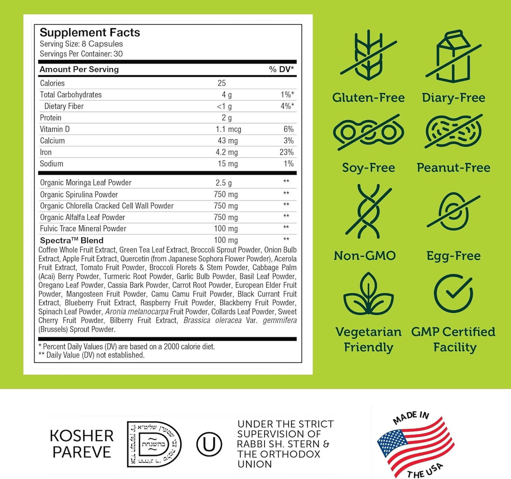 Zahler Core Greens Superfood Capsules - Superfoods Nutrition Supplement - Super Green Whole Food Vegetable, Fruits &amp; VItamins - Kosher Antioxidant Rich Super Greens with Spirulina, Chlorophyll (240)