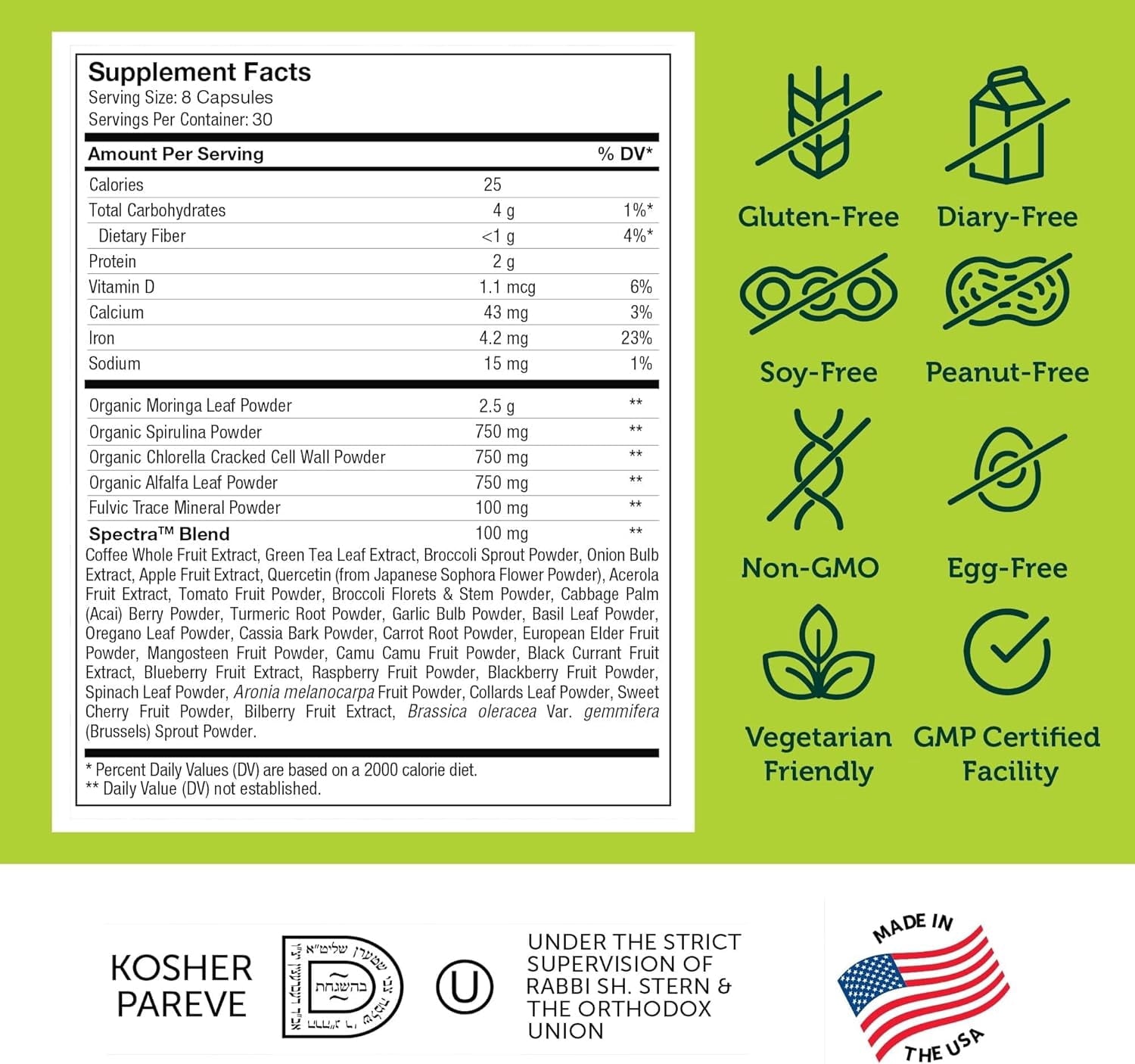 Zahler Core Greens Superfood Capsules - Superfoods Nutrition Supplement - Super Green Whole Food Vegetable, Fruits &amp; VItamins - Kosher Antioxidant Rich Super Greens with Spirulina, Chlorophyll (240)