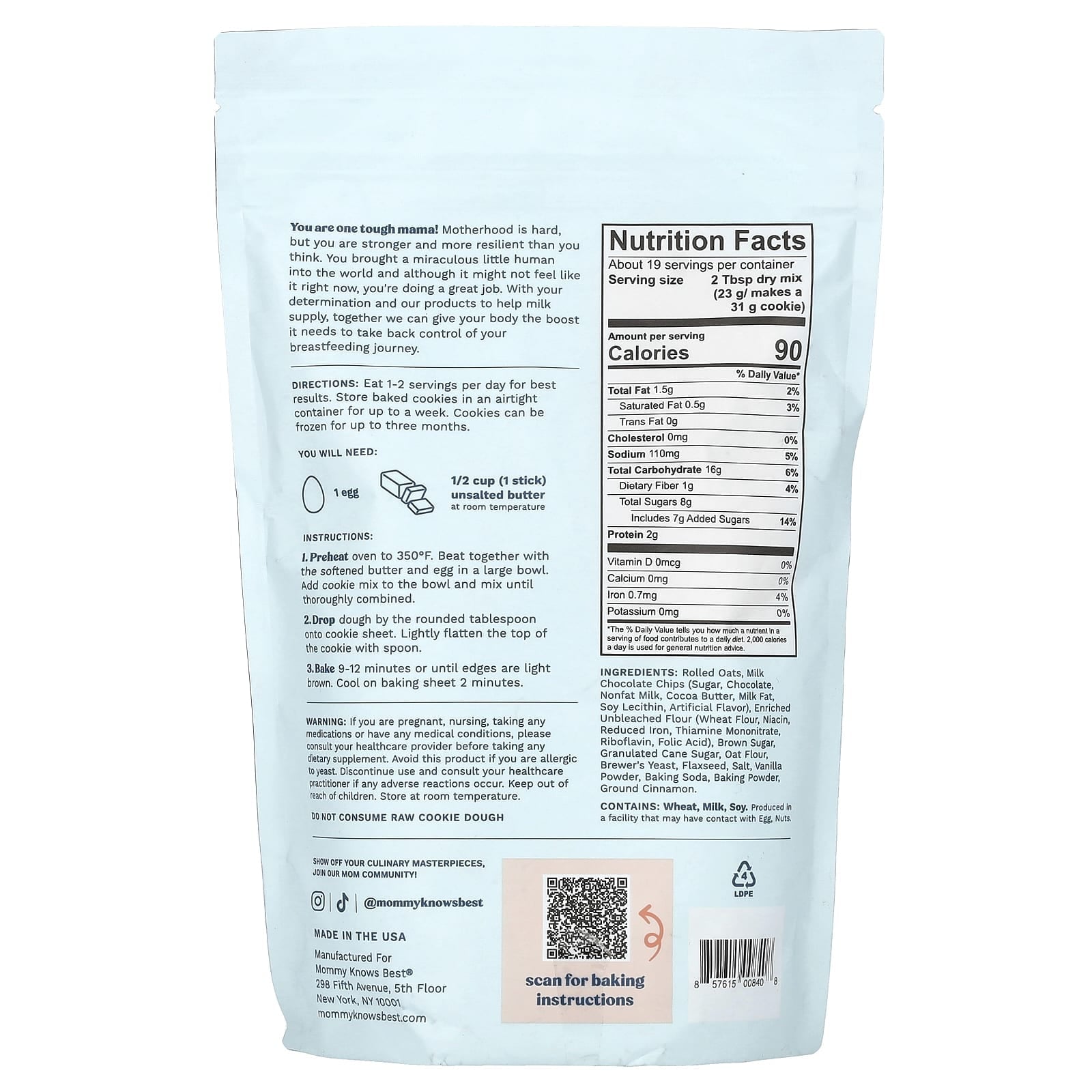 Mommy Knows Best, Lactation Cookie Mix, Oatmeal Chocolate Chip, 15 oz ( 425 g) Pack of 2