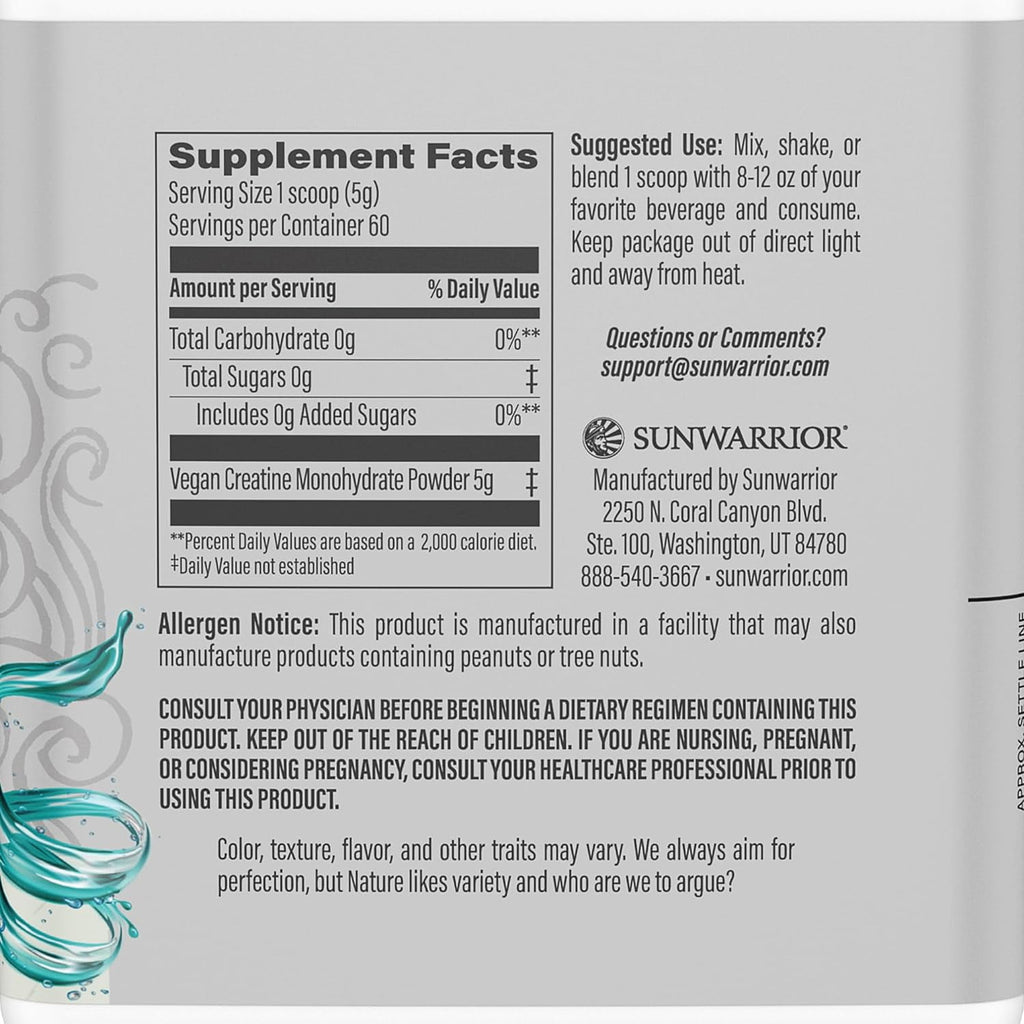 Sunwarrior Creatine Monohydrate Powder | Micronized | PreWorkout | Recovery | Vegan | Keto Friendly | 60 Servings | 10.58 oz