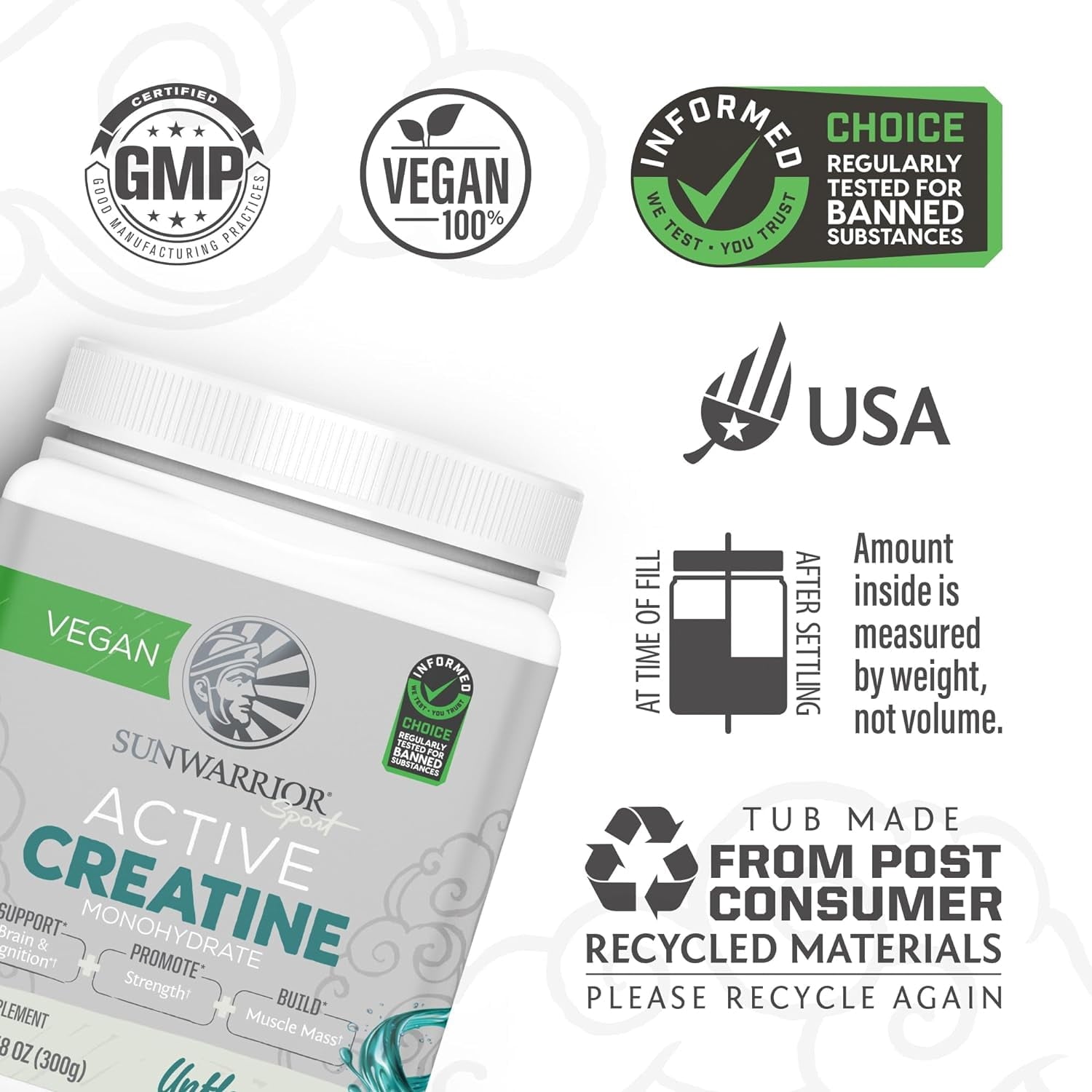 Sunwarrior Creatine Monohydrate Powder | Micronized | PreWorkout | Recovery | Vegan | Keto Friendly | 60 Servings | 10.58 oz