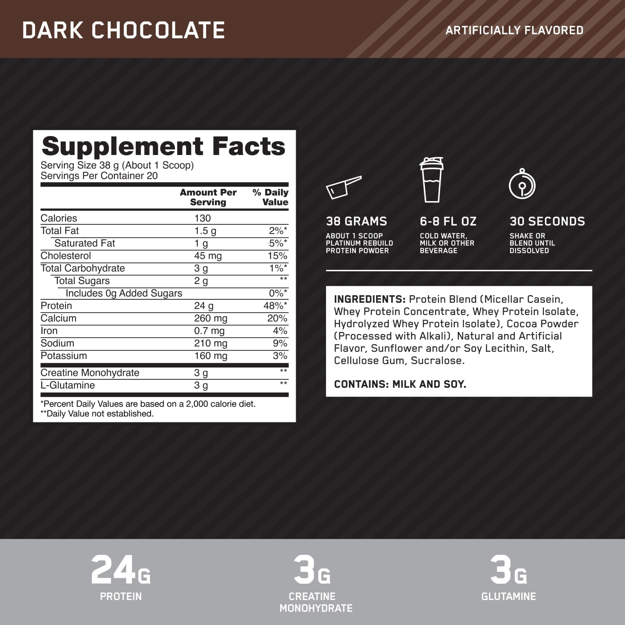 Optimum Nutrition Platinum Rebuild, Platinum Blend Protein Powder with Creatine Monohydrate, Dark Chocolate, 20 Servings