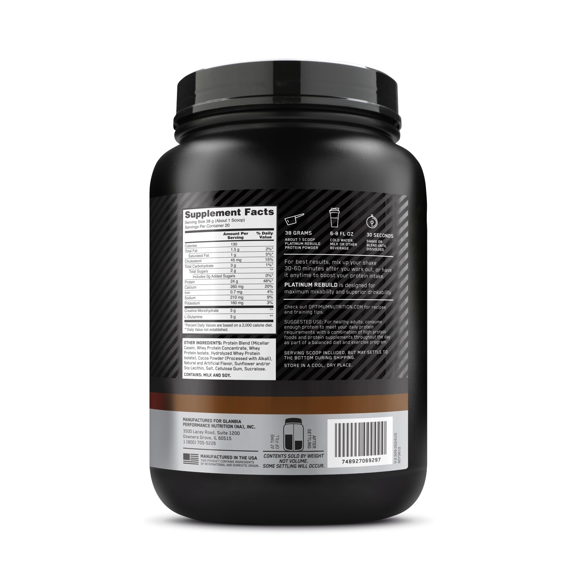Optimum Nutrition Platinum Rebuild, Platinum Blend Protein Powder with Creatine Monohydrate, Dark Chocolate, 20 Servings