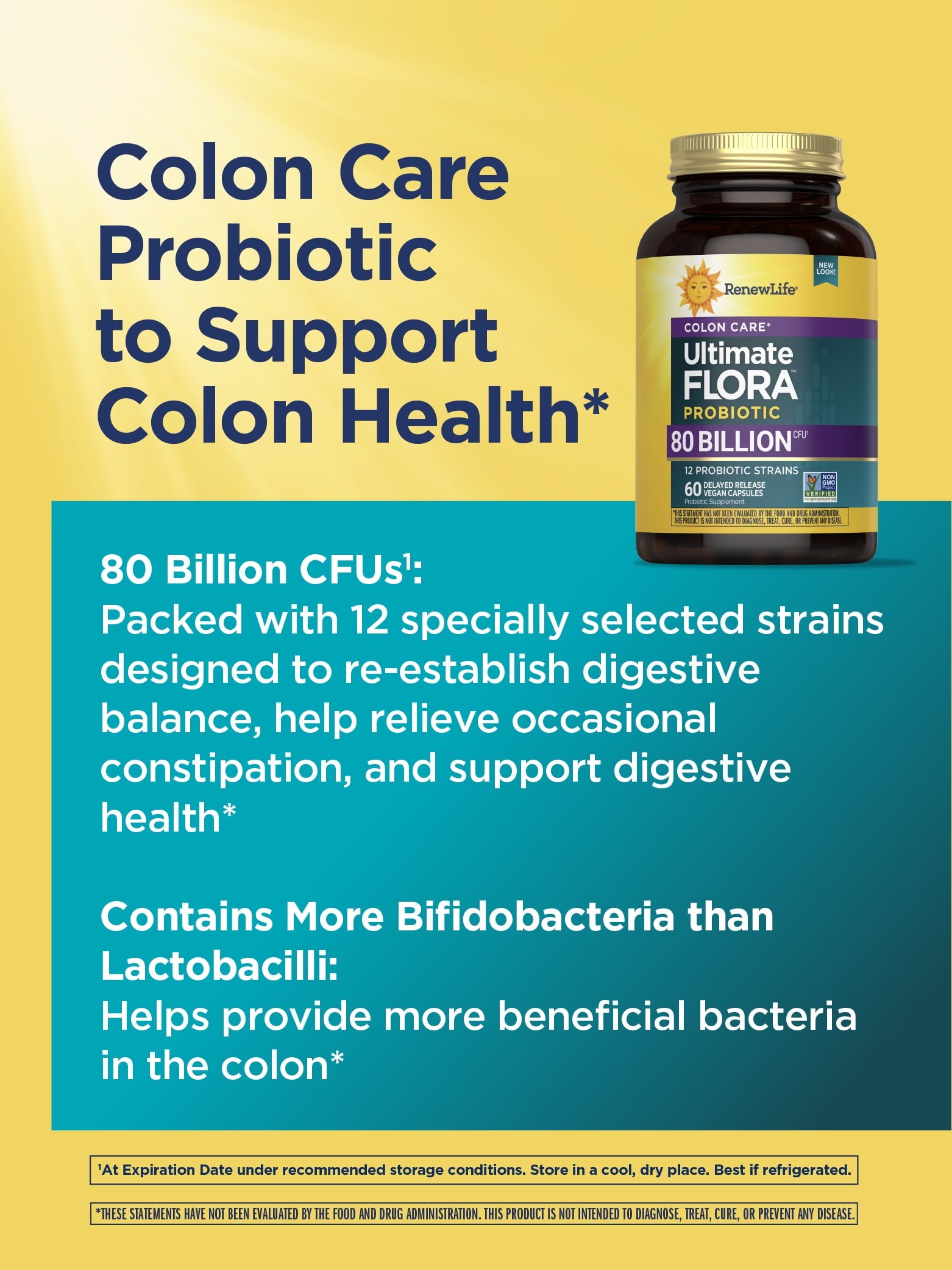 Colon Care Ultimate Flora Probiotic | 80 Billion CFU | 60 Vegan Capsules | by Renew Life