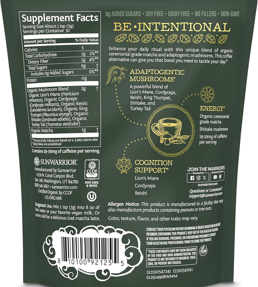 Sunwarrior Organic Be Well Matcha Mushroom Powder 90g Pouch (30 SRV)