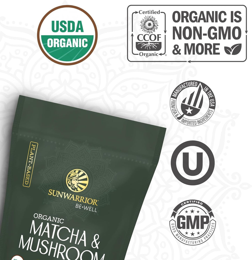 Sunwarrior Organic Be Well Matcha Mushroom Powder 90g Pouch (30 SRV)