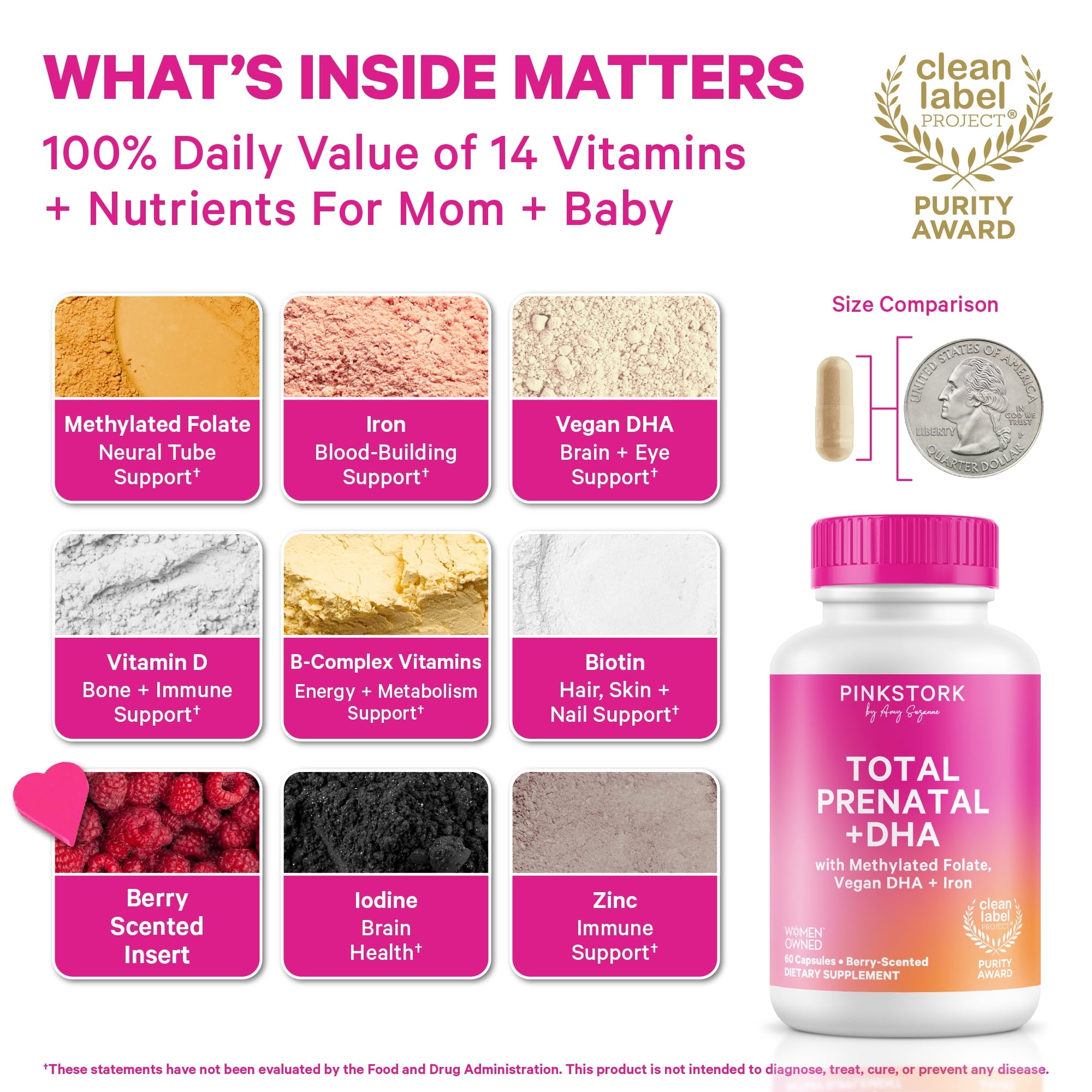 Pink Stork Total Prenatal Vitamins with DHA, Essential Pregnancy Folate Iron Zinc, Vegan, 60 Capsules