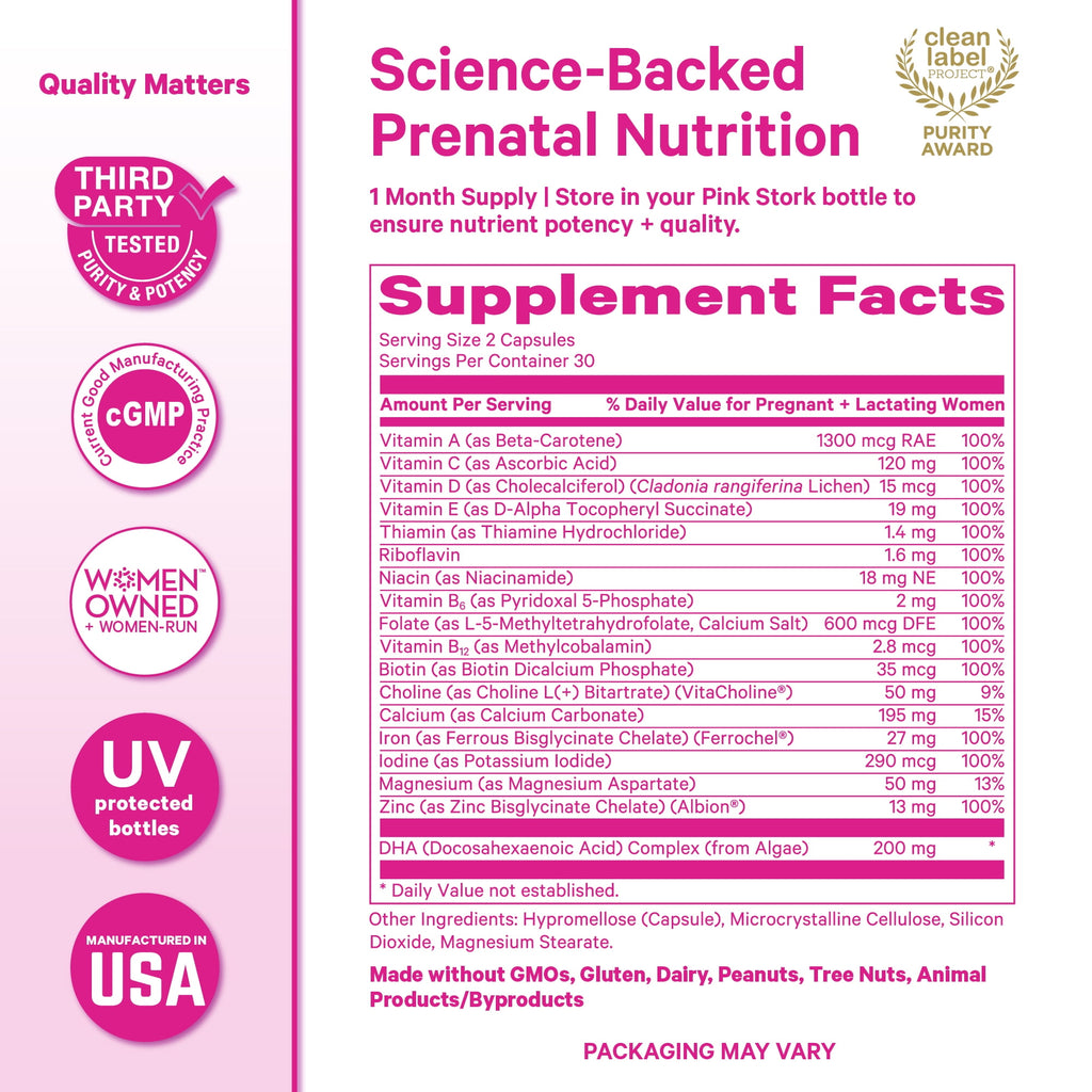Pink Stork Total Prenatal Vitamins with DHA, Essential Pregnancy Folate Iron Zinc, Vegan, 60 Capsules