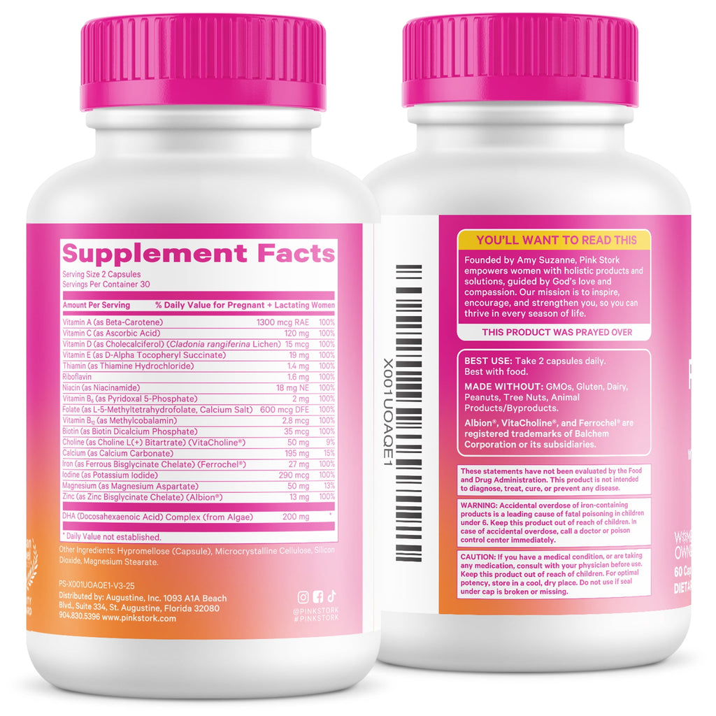 Pink Stork Total Prenatal Vitamins with DHA, Essential Pregnancy Folate Iron Zinc, Vegan, 60 Capsules