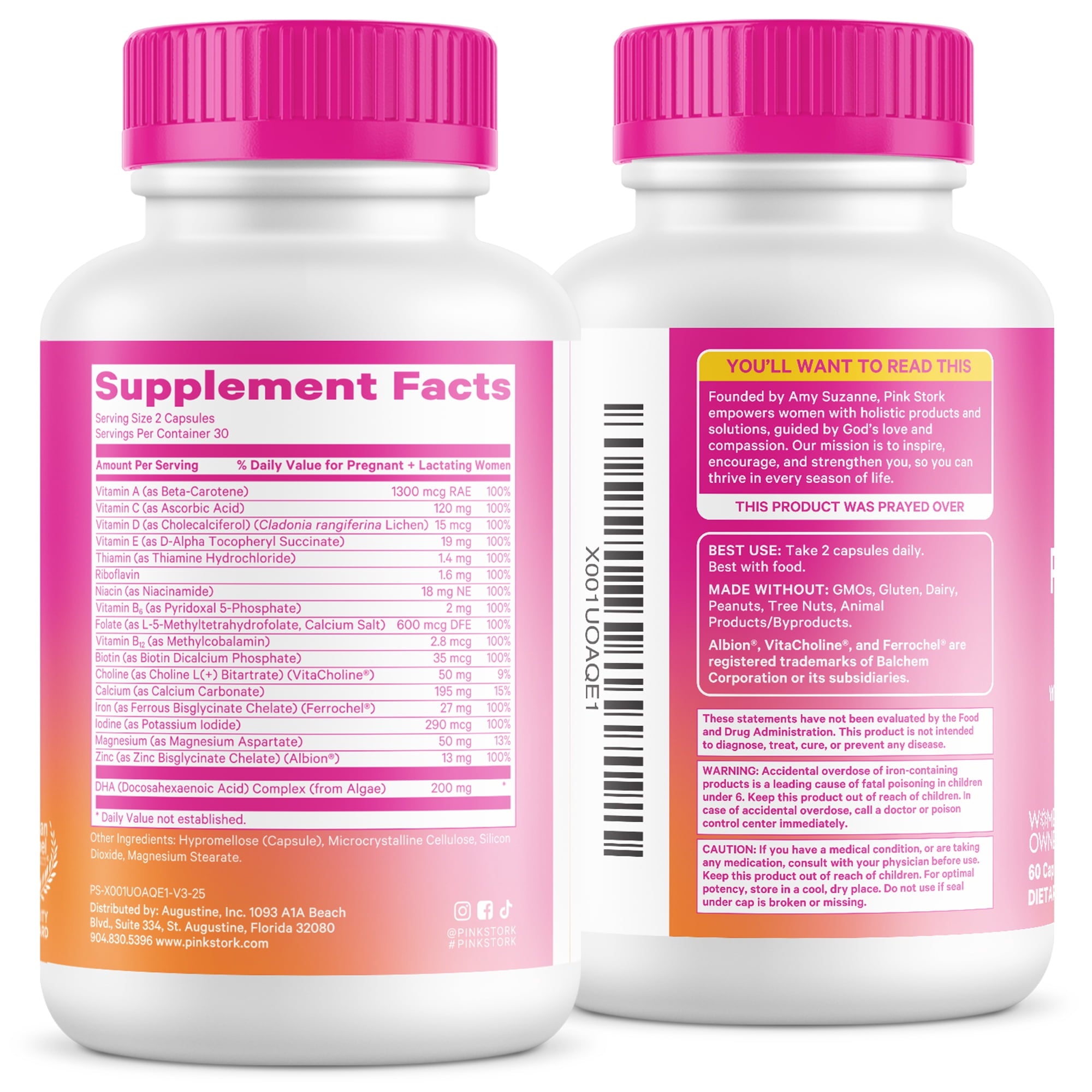 Pink Stork Total Prenatal Vitamins with DHA, Essential Pregnancy Folate Iron Zinc, Vegan, 60 Capsules